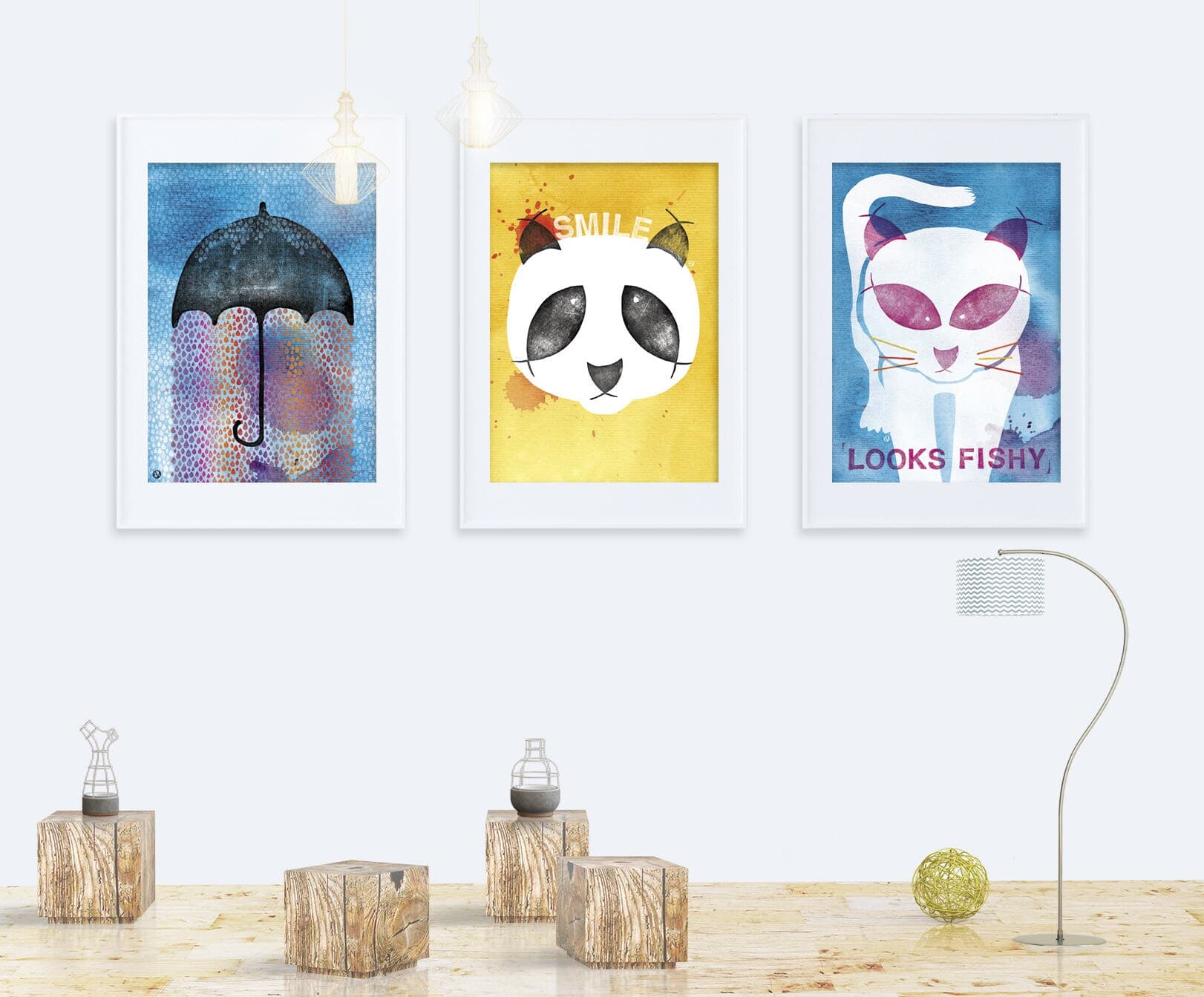 Panda bear, cat, unbrella, fish, rain, blue, orange, rainbow. Watercolor. 3 Posters 50x70 cm, art print, illustration. Digital print 130 gr. - image 3