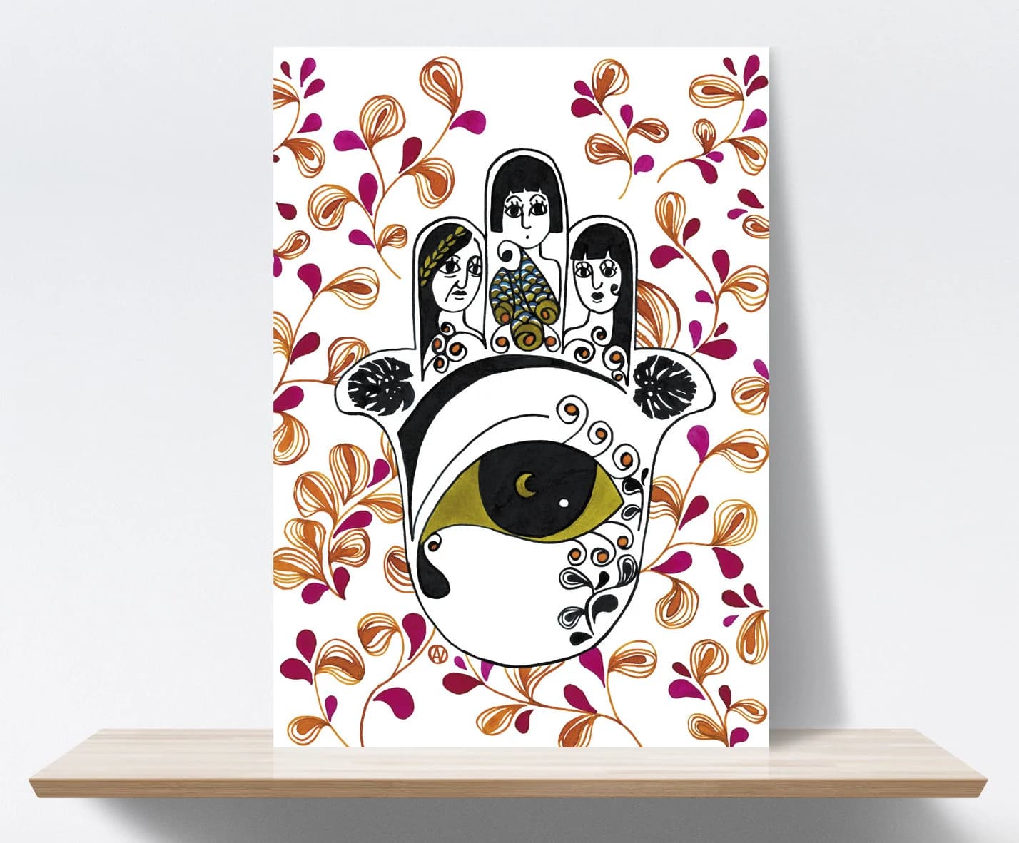 Hand of Fatma, pink, Hamsa, woman, generation, good luck, ink. Art print A4, illustration. 21x30 cm, Fine art museum quality paper 240 gr.