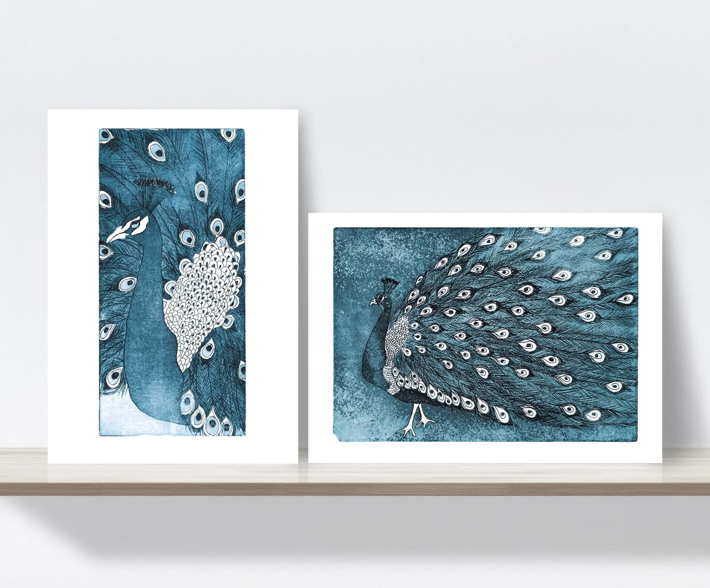 Peacock, Bird, Plumage, Feathers, Blue, Indigo, Crown. Etching, Aqua forte, printmaking. 2 Art prints A4. 21x30 cm, Fine art quality paper