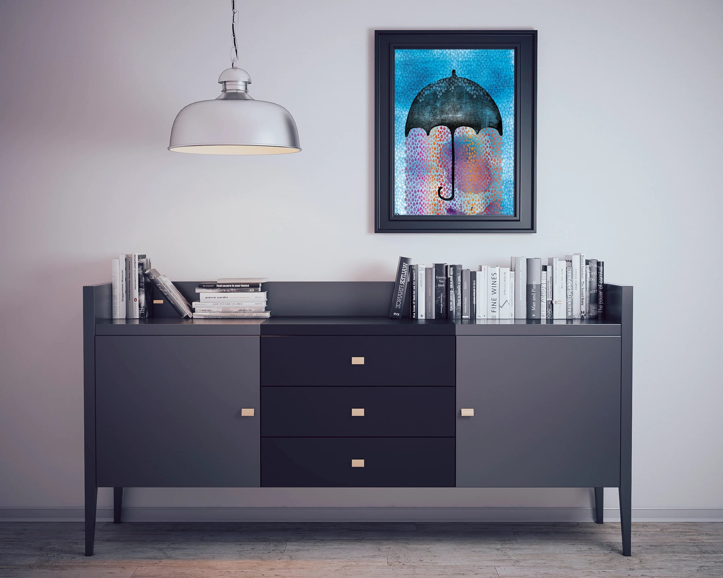 Umbrella, rain, drops, rainbow, sky, blue, black, stamps, watercolour. Art print A4, illustration. 21x30 cm, Fine art museum quality paper - image 4