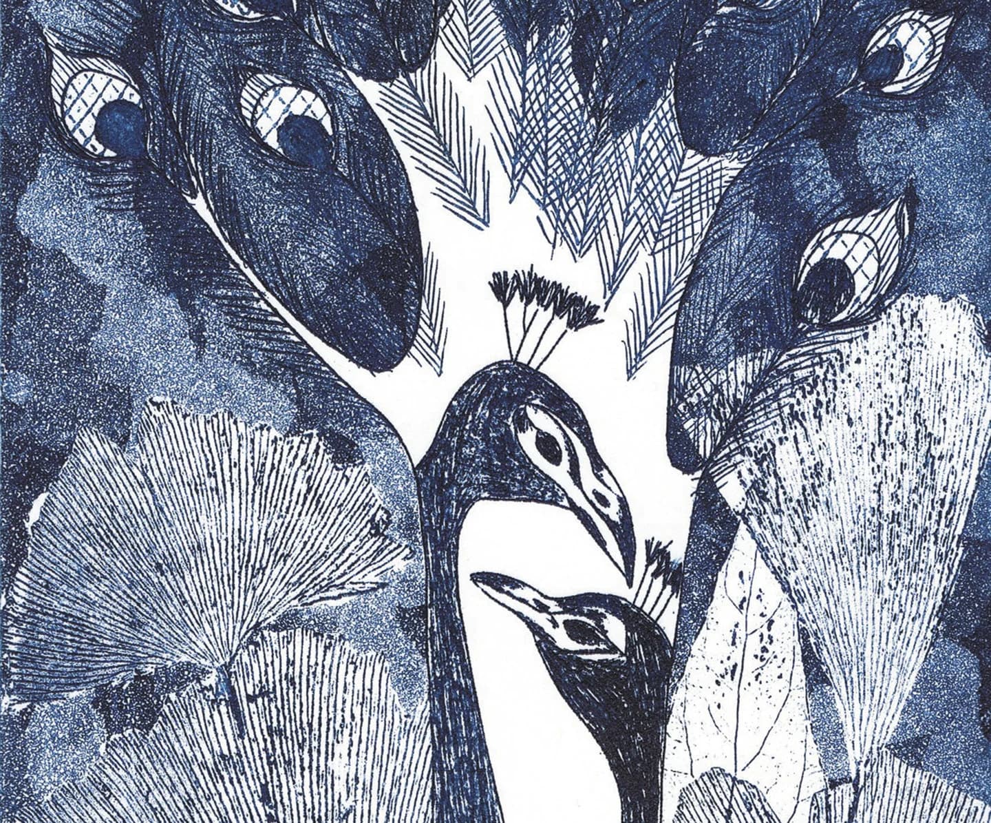 Peacock, Tree, Couple, Plumage, Feathers, Indigo, Blue. Etching, aqua forte, printmaking. Art print A4. 21x30 cm, Fine art quality paper - image 3