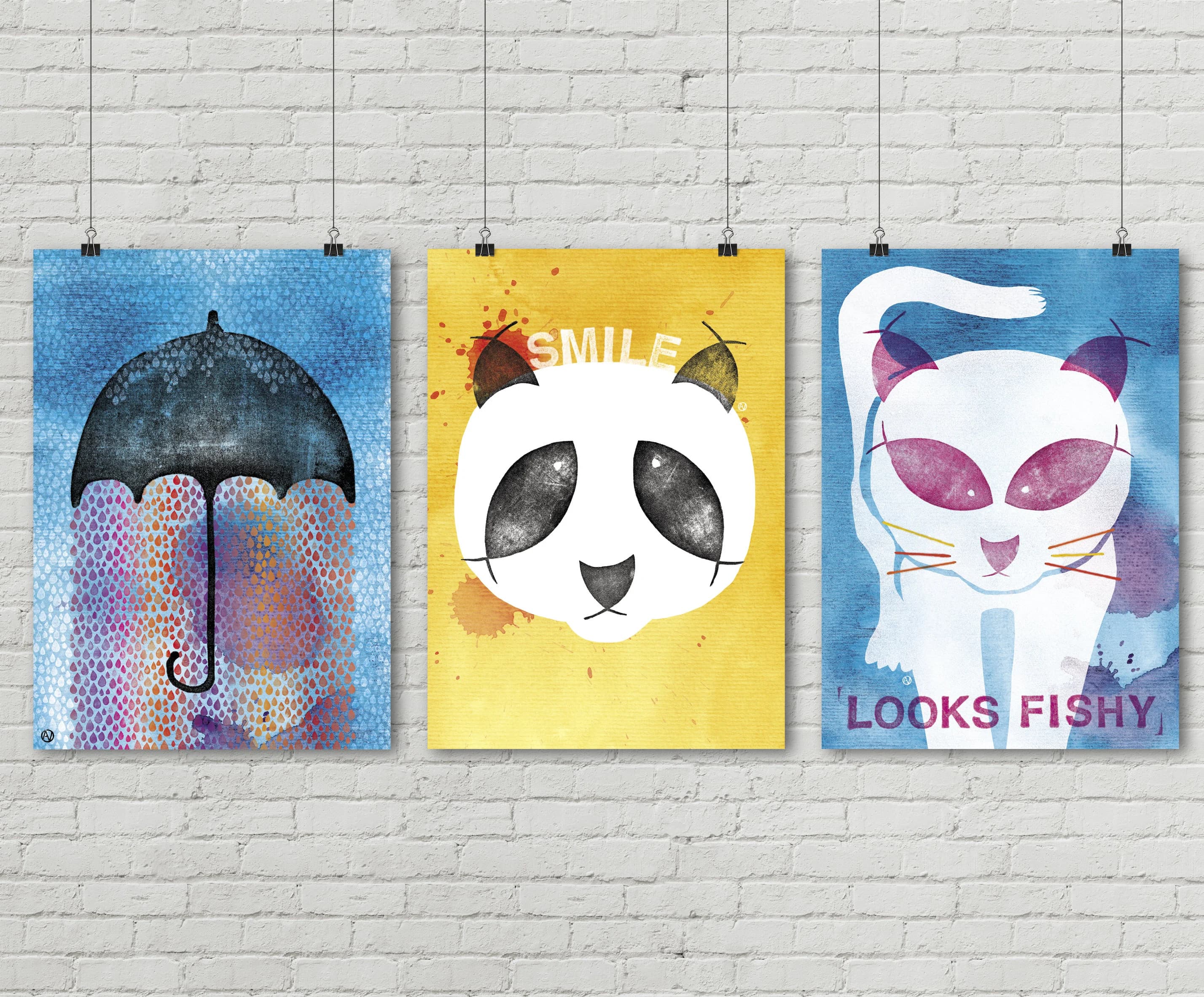 Panda bear, cat, unbrella, fish, rain, blue, orange, rainbow. Watercolor. 3 Posters 50x70 cm, art print, illustration. Digital print 130 gr.