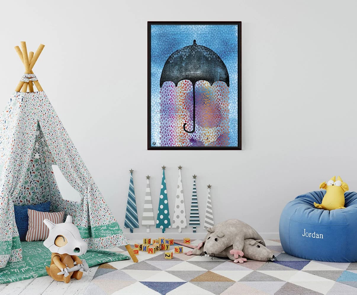 Umbrella, rain, drops, rainbow, sky, blue, black, stamps, watercolour. Art print A4, illustration. 21x30 cm, Fine art museum quality paper - image 5