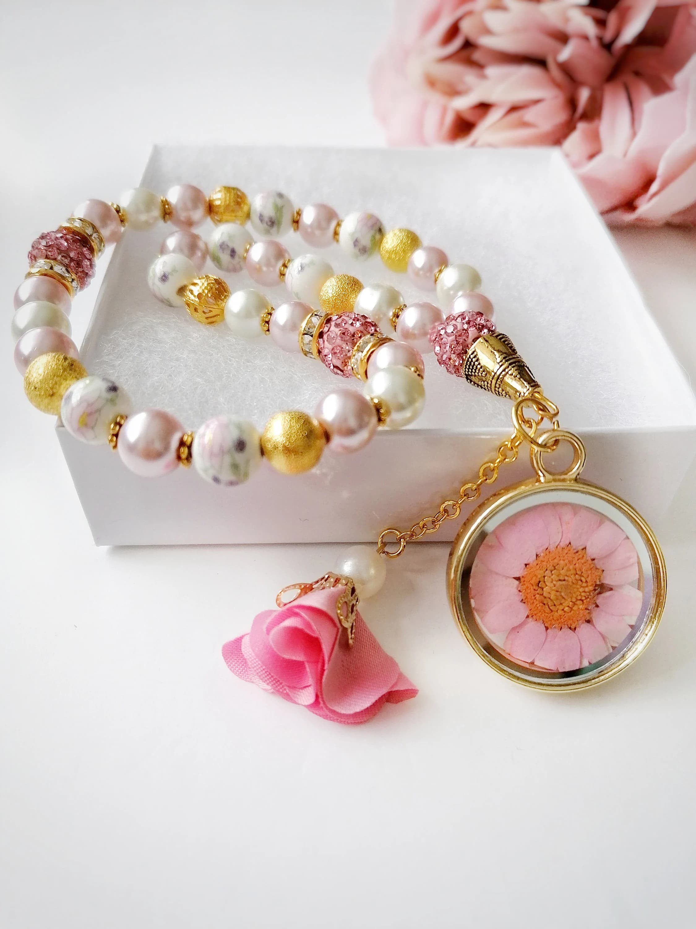 Pink Floral Tasbih and Bookmark set, 33 bead count