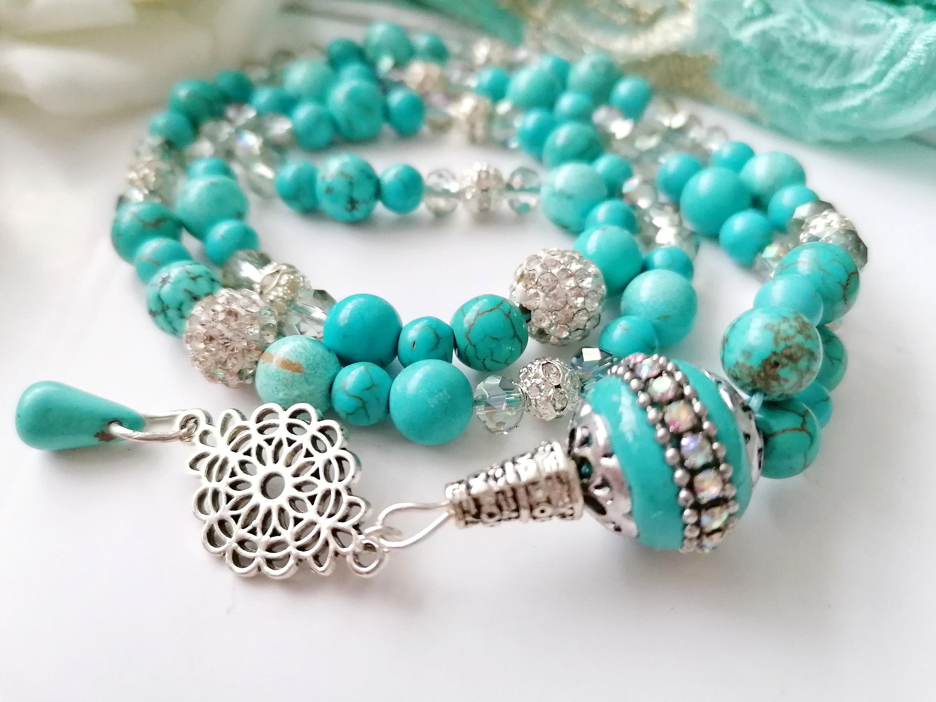 PERSIA Turquoise and Silver semi precious 99 bead Tasbih Tasbeeh - image 3