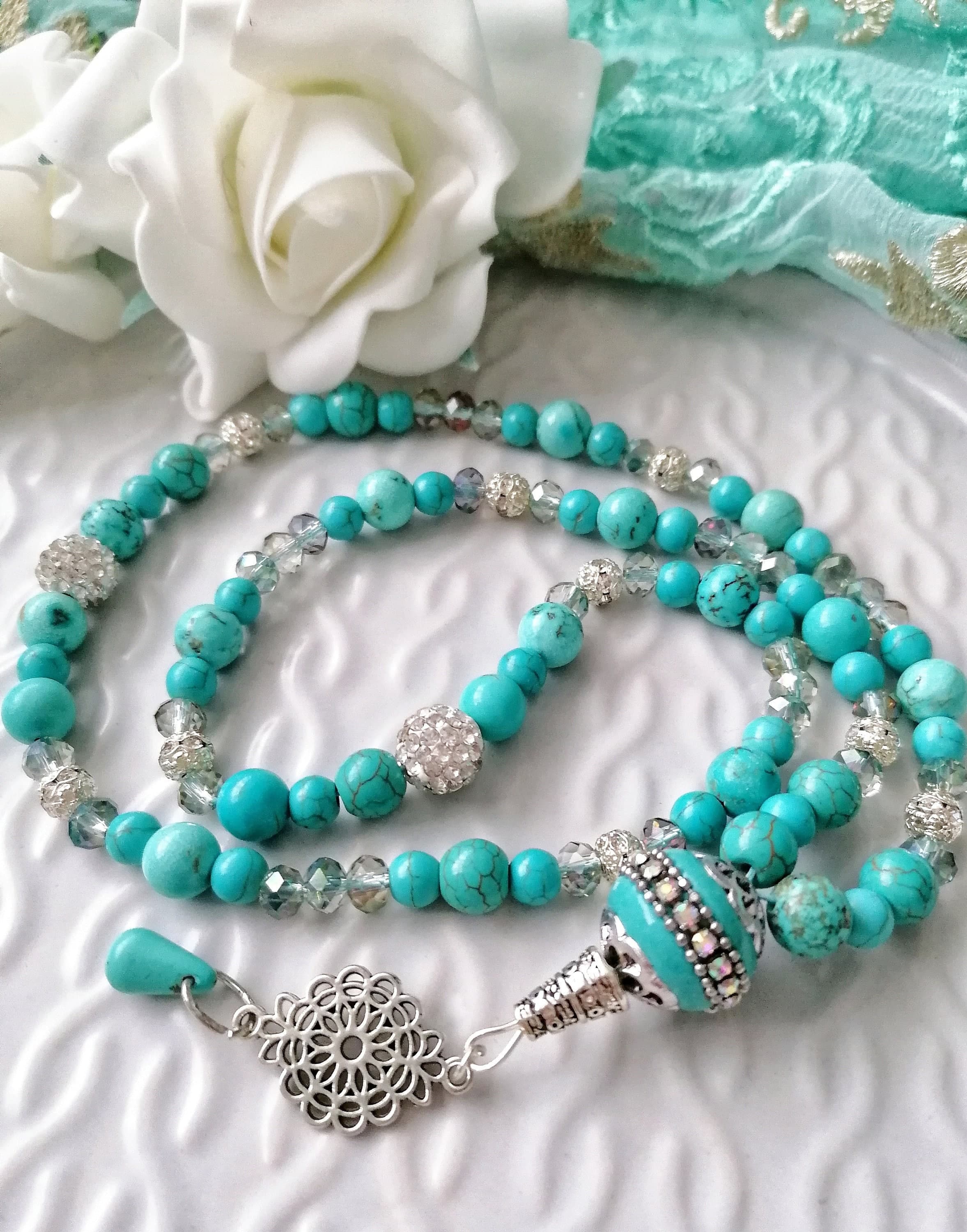 PERSIA Turquoise and Silver semi precious 99 bead Tasbih Tasbeeh