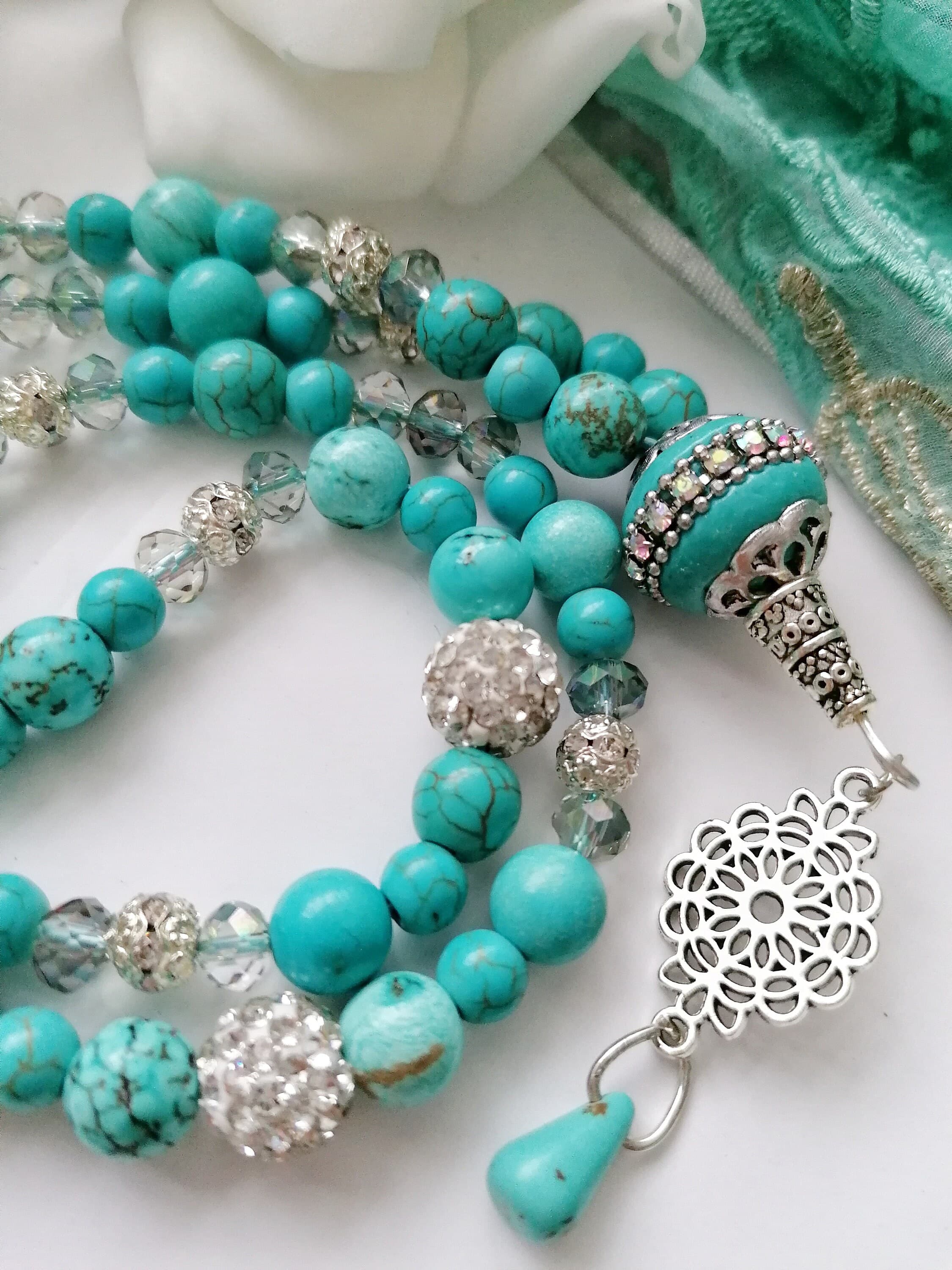 PERSIA Turquoise and Silver semi precious 99 bead Tasbih Tasbeeh - image 4