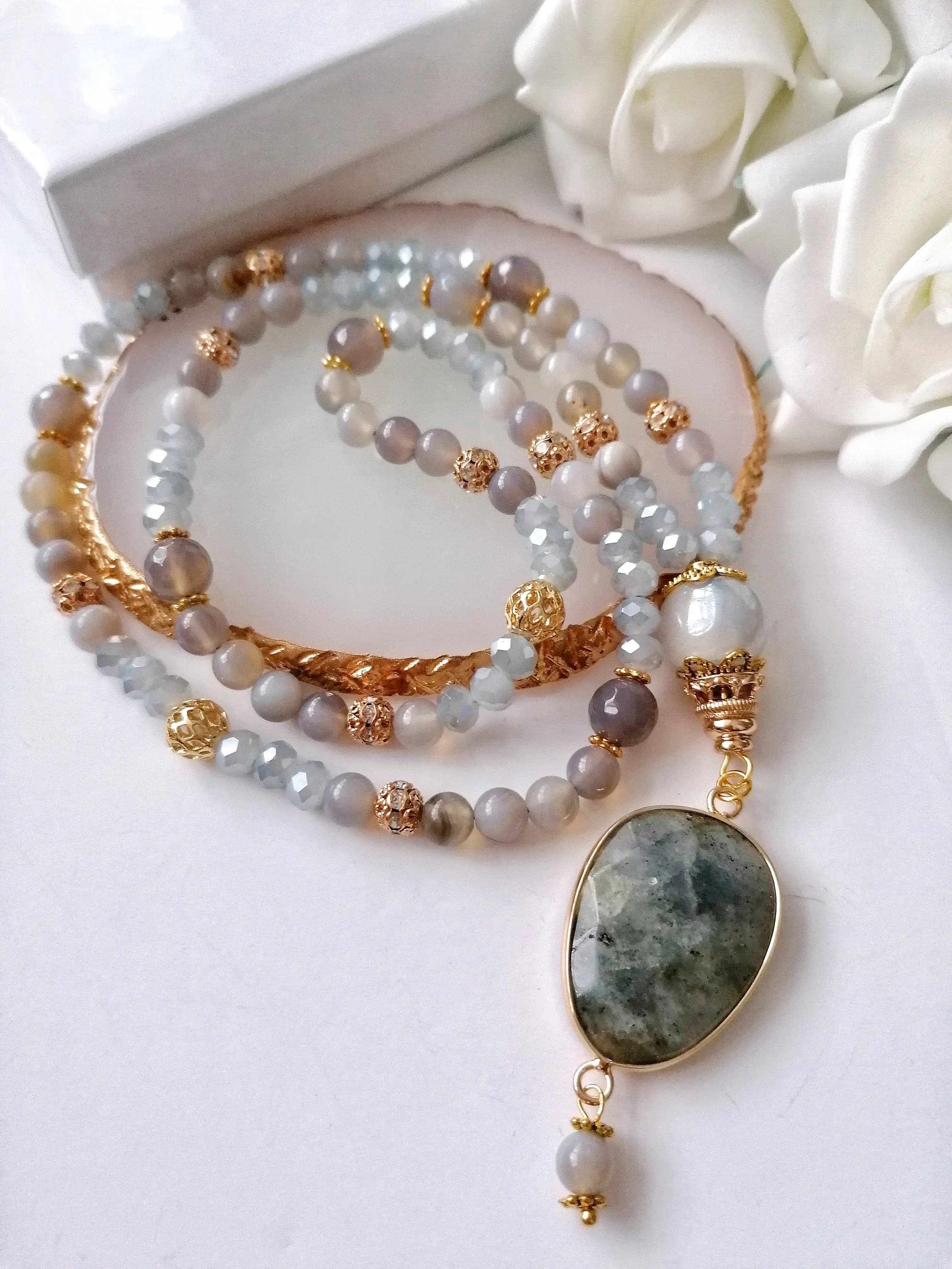 GREY AGATE semi precious Tasbih Tasbeeh -99 - image 2