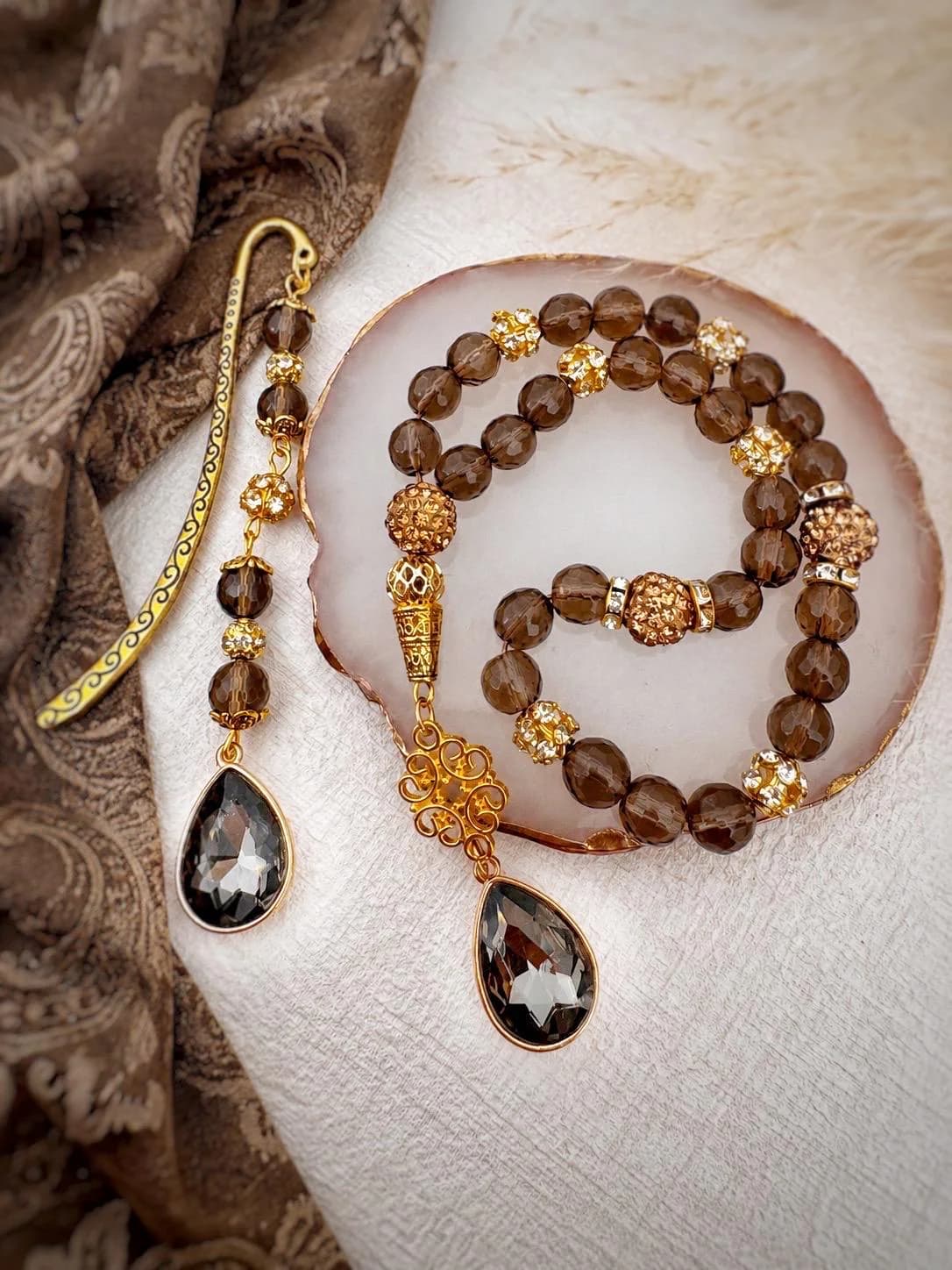 Smoky Quartz  Semi precious, natural stone 33 bead Tasbih/ Tasbeeh and bookmark set