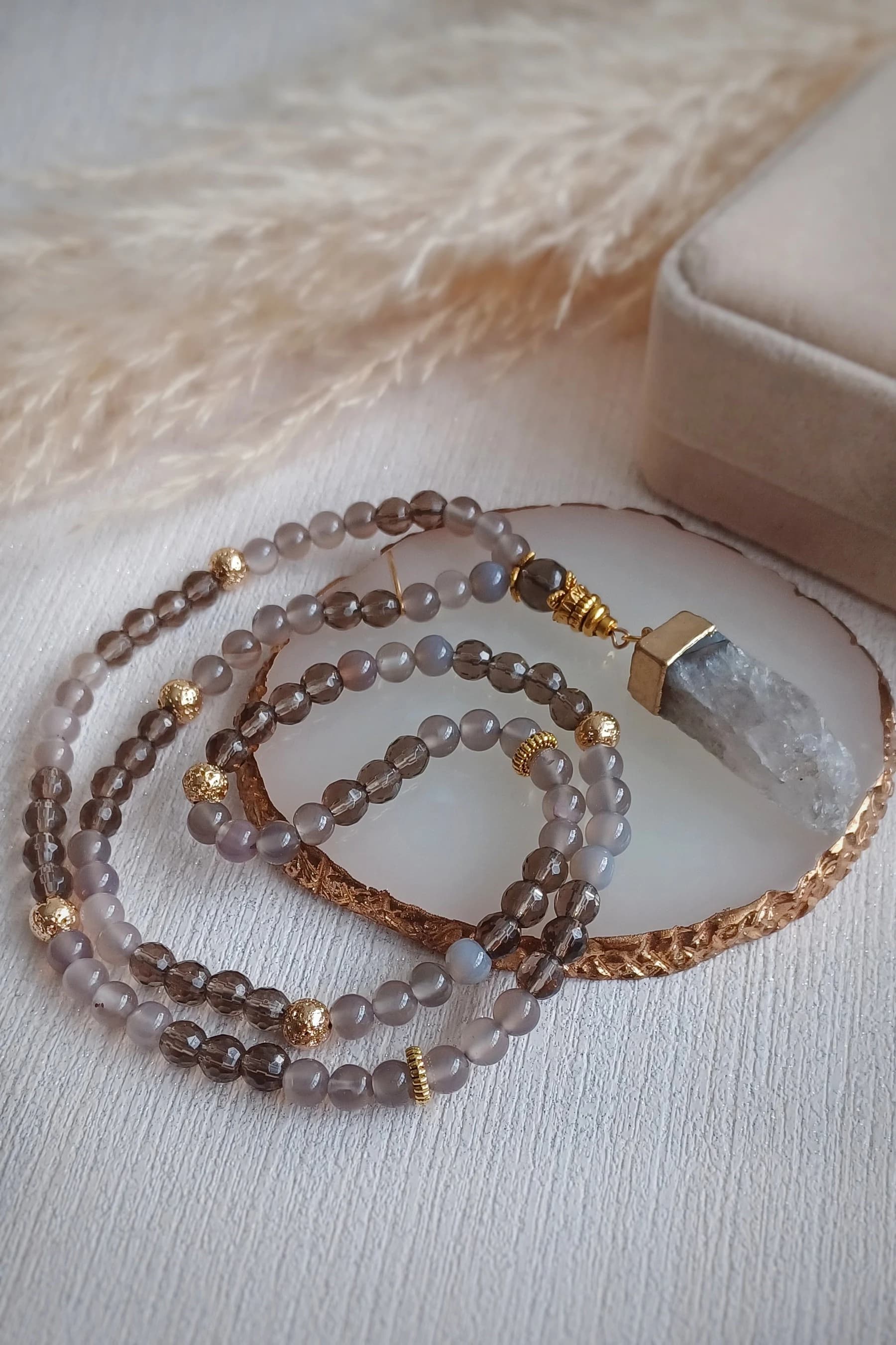 MISTY MOUNTAIN Grey Agate and Smoky Quartz semi precious 99 bead Tasbih Tasbeeh