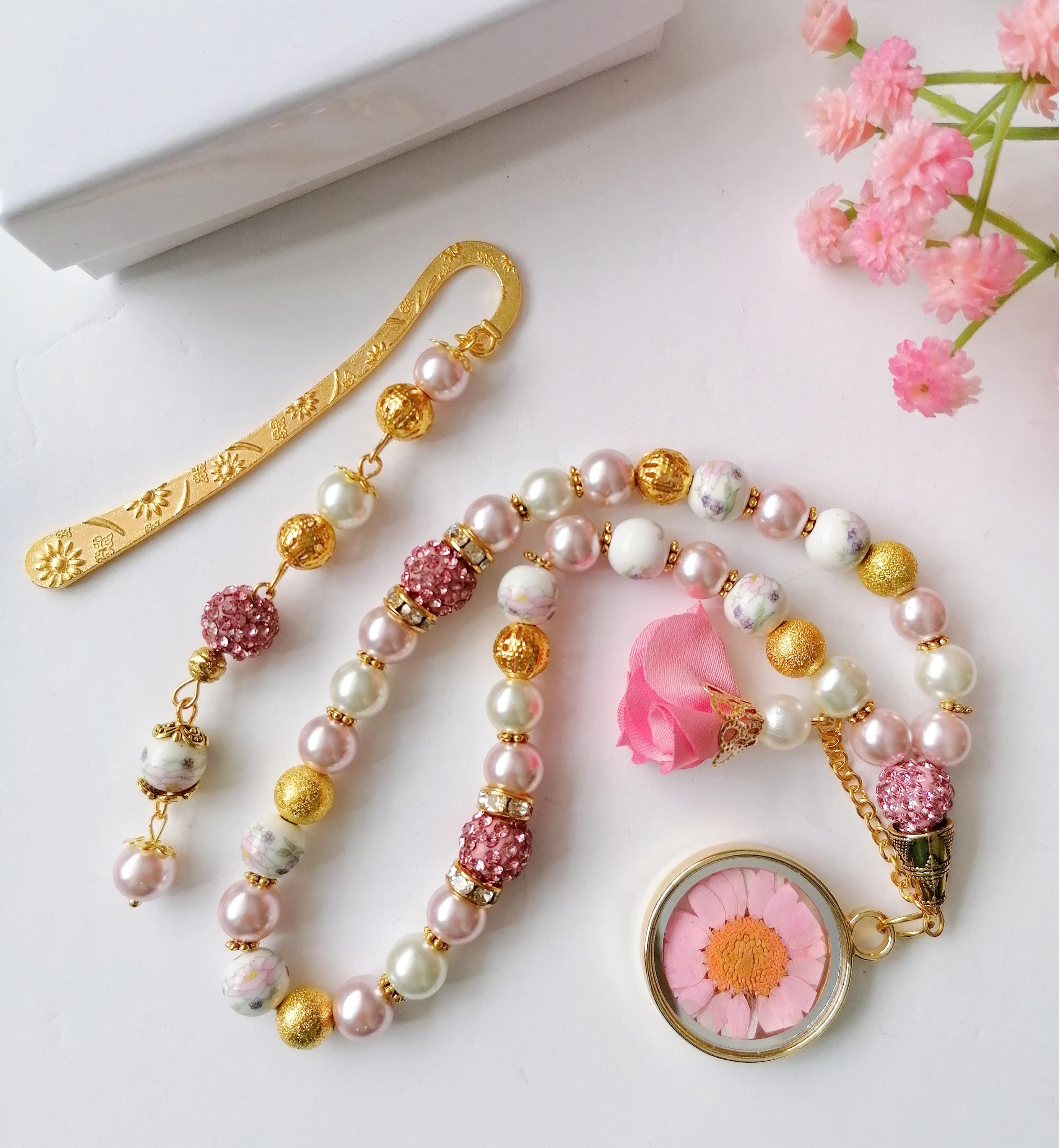 Pink Floral Tasbih and Bookmark set, 33 bead count - image 2