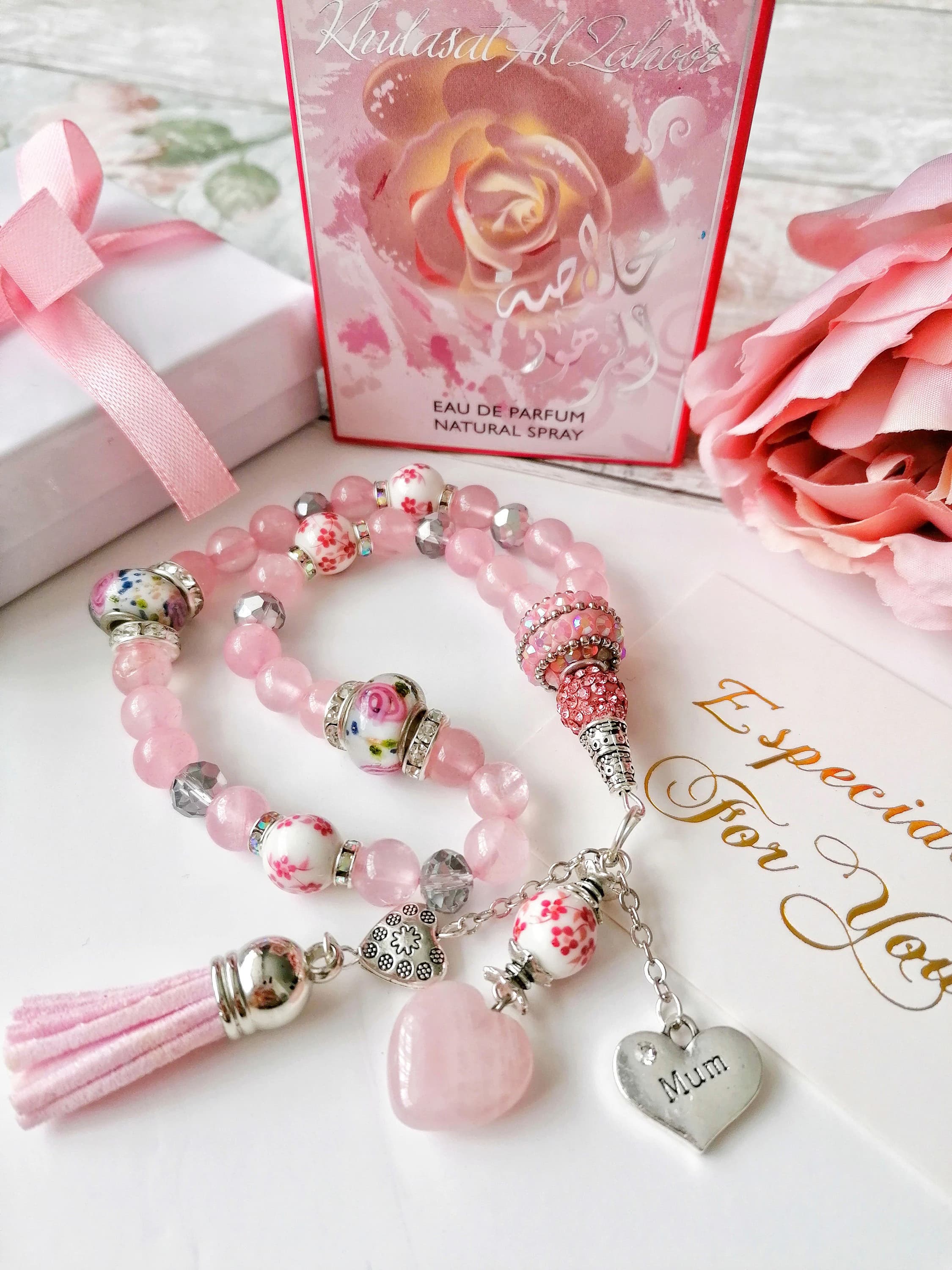 Tasbih Tasbeeh Mother's Day gift set with oud perfume -33 bead -Rose Quartz - Semi -precious stones, Personalization Available