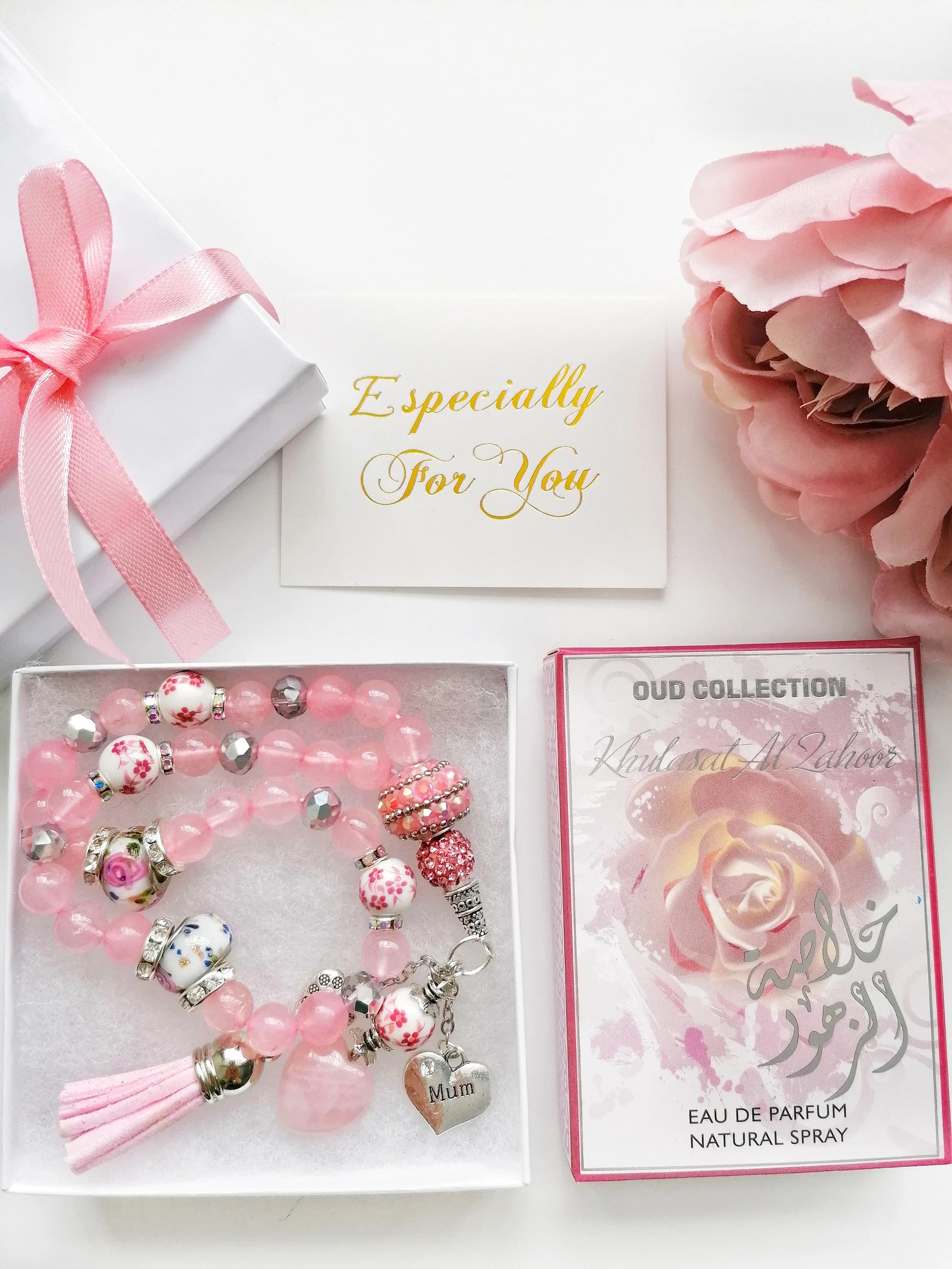 Tasbih Tasbeeh Mother's Day gift set with oud perfume -33 bead -Rose Quartz - Semi -precious stones, Personalization Available - image 3