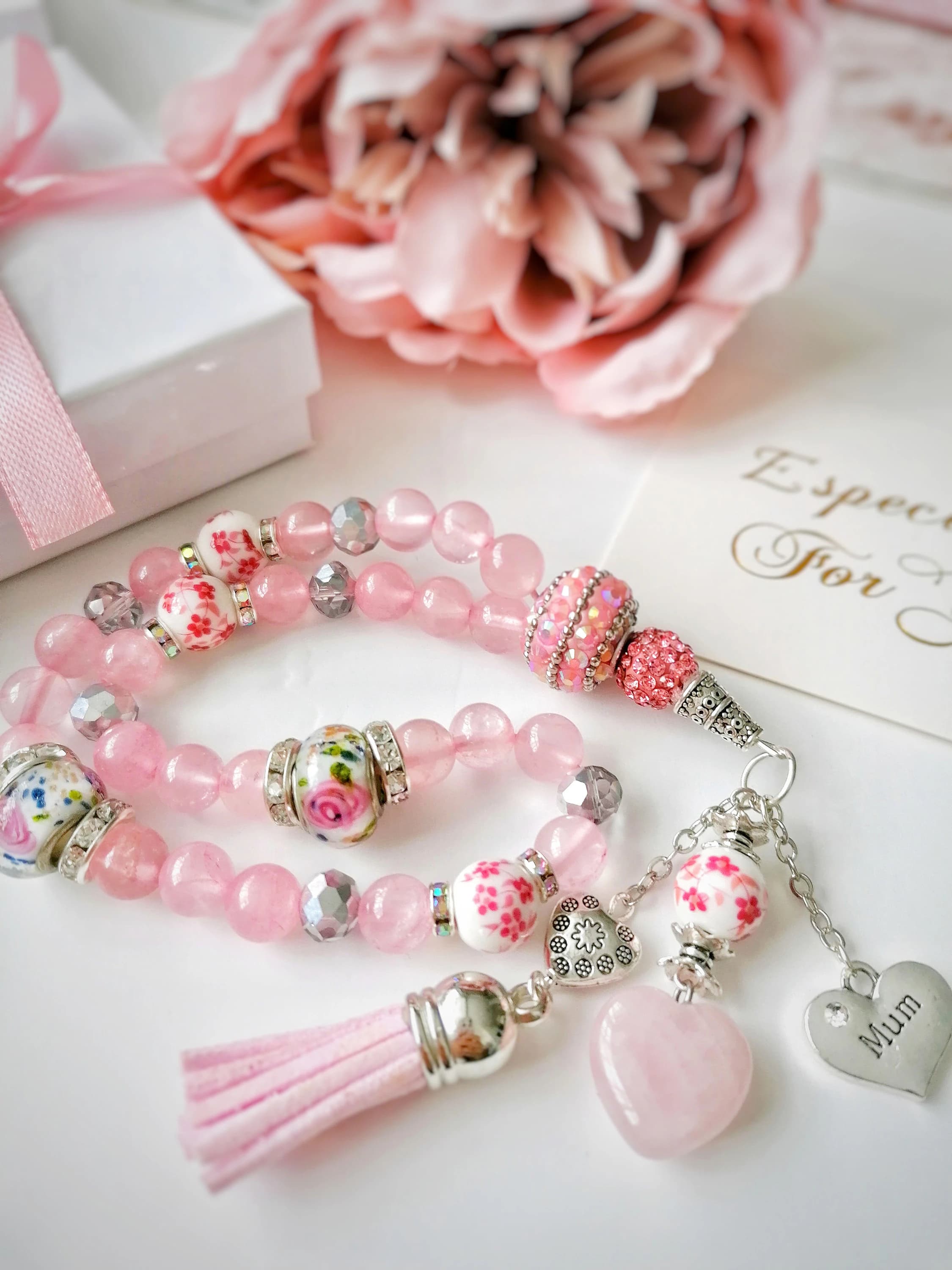 Tasbih Tasbeeh Mother's Day gift set with oud perfume -33 bead -Rose Quartz - Semi -precious stones, Personalization Available - image 2