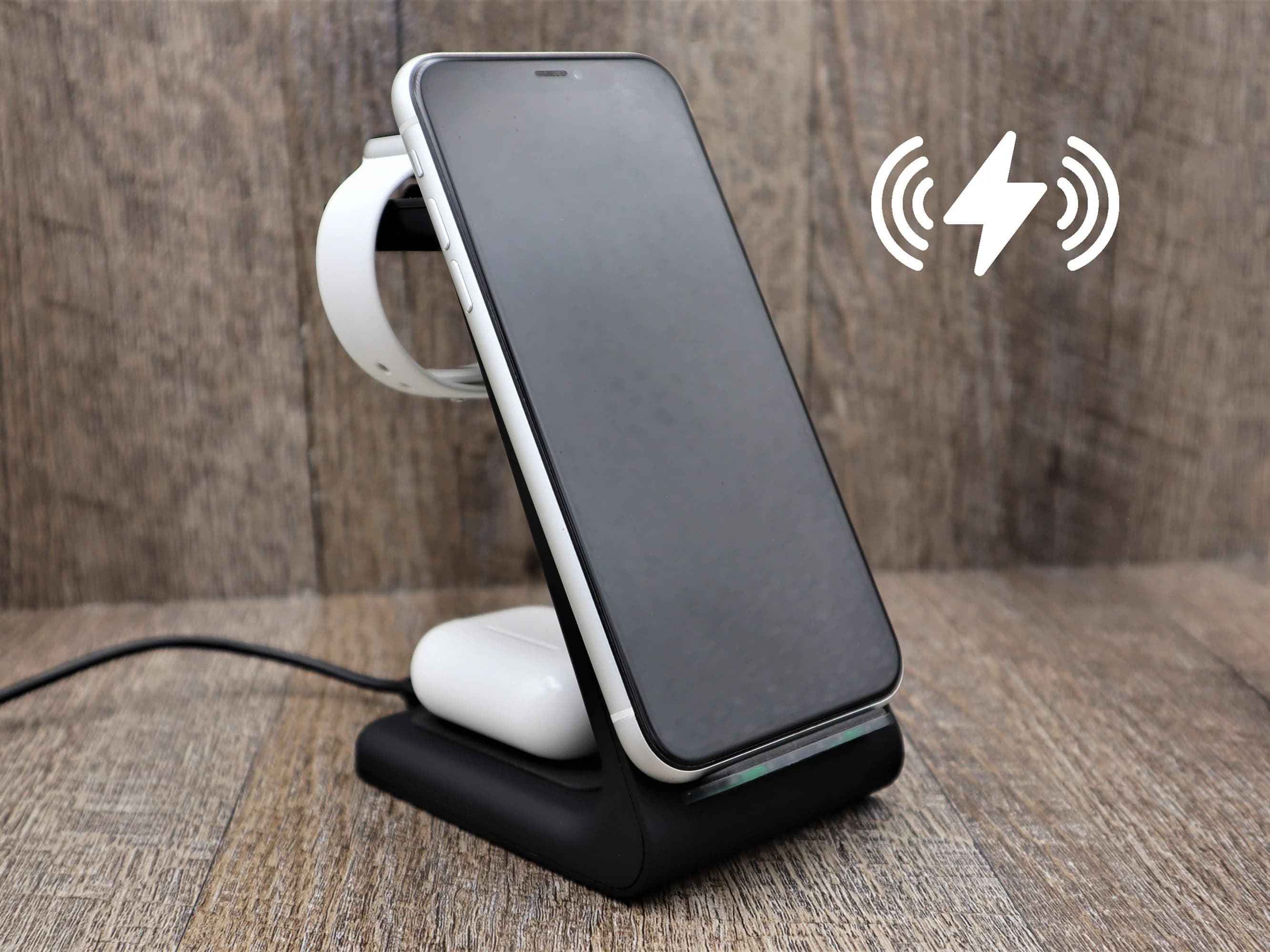 Personalized iPhone Apple & Samsung Watch Airpods Wireless Charger, 3in1 Docking Station Text Logo. Father's Day Gift. My Father My Hero - image 3