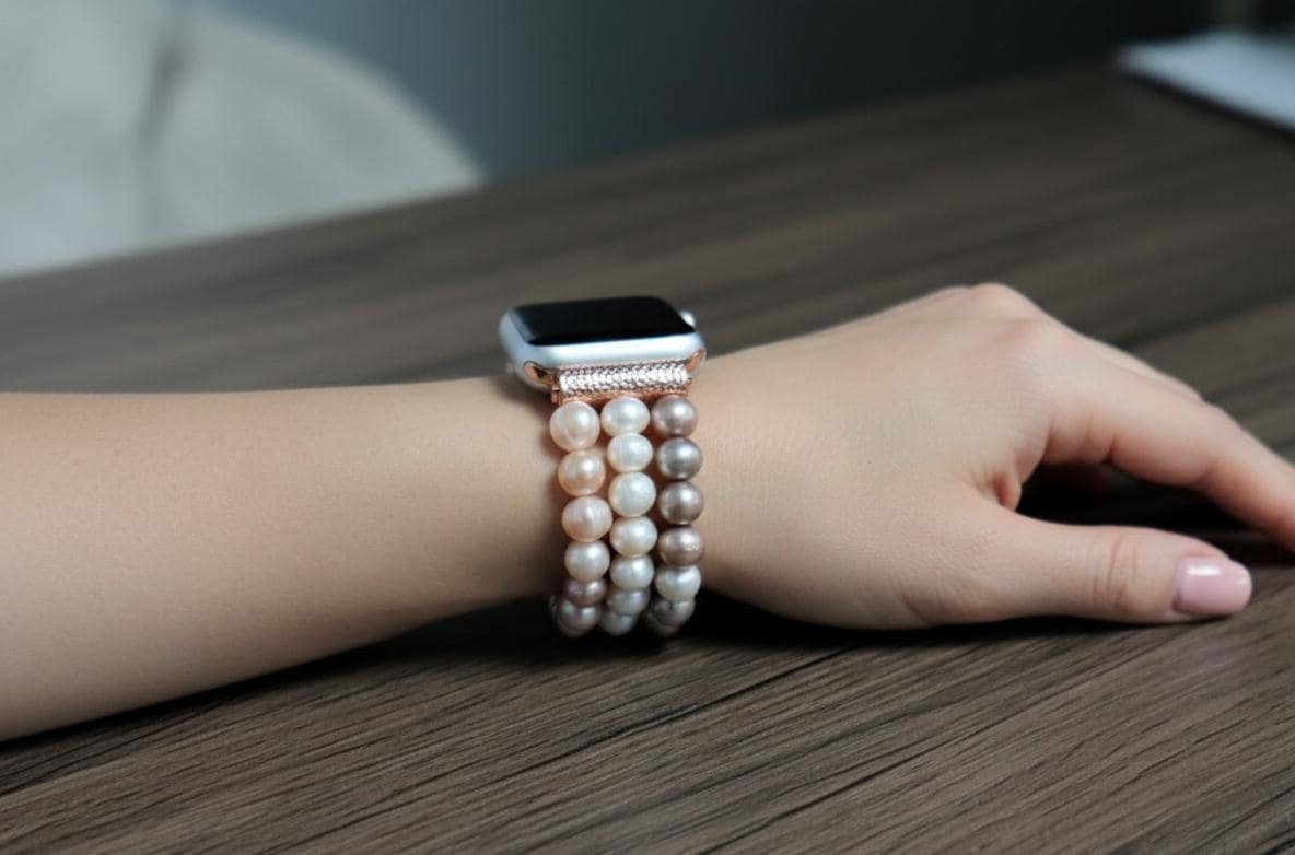 Handmade Freshwater Pearl Apple Samsung Fitbit Google Watch Band - Elegant Beaded Bracelet for Women, Bridal Wedding Watch Strap