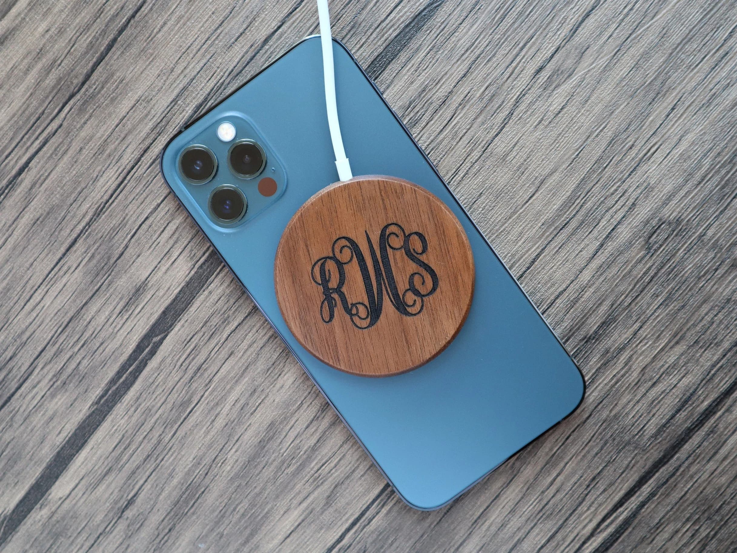 Magnetic Wood Wireless Charger with Text Logo for iPhone 12 12 Pro 12 Pro Max 12 Mini. Personalized Custom Magnetic Charger. - image 2