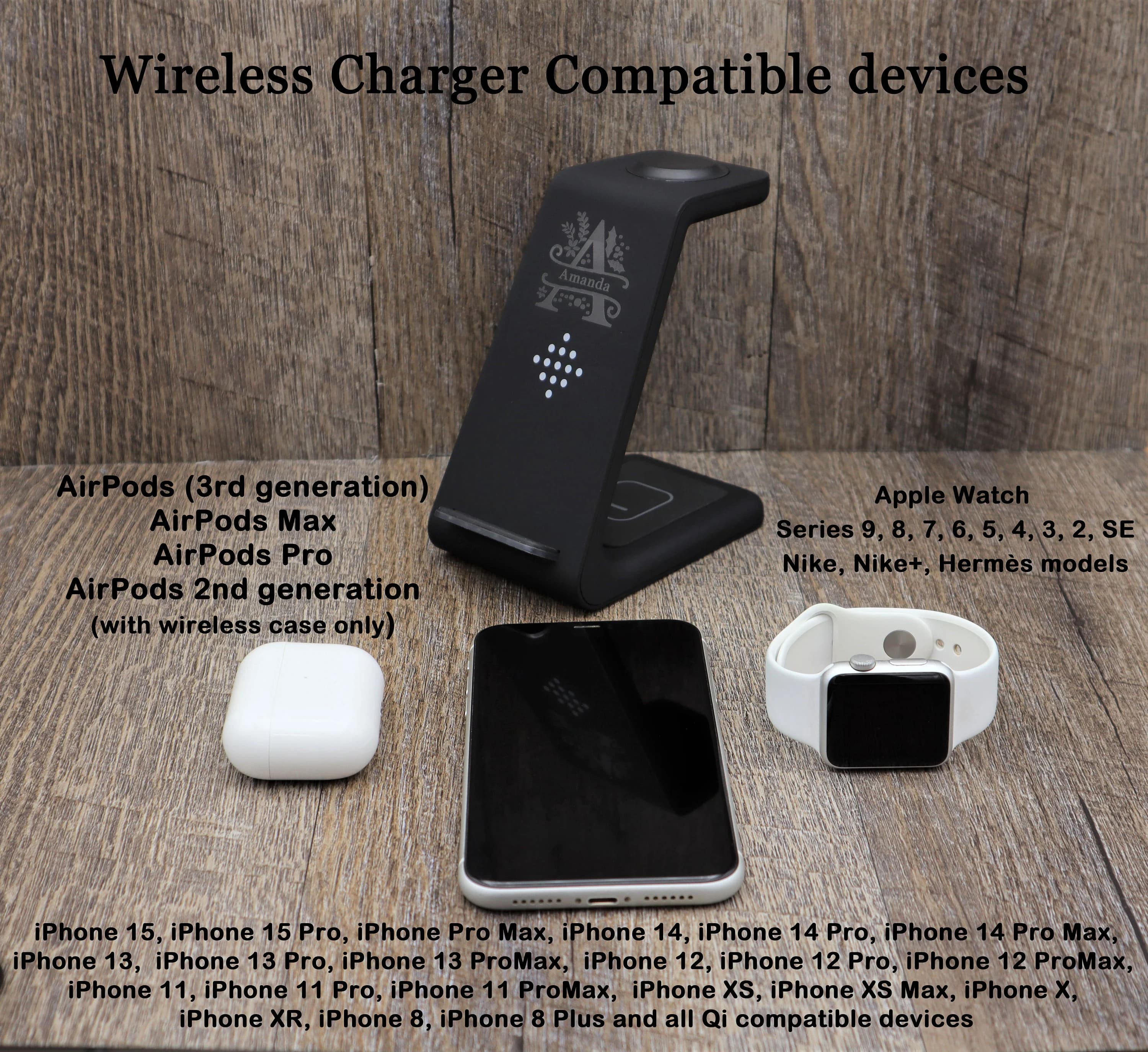 Personalized iPhone Apple & Samsung Watch Airpods Wireless Charger, 3in1 Docking Station Text Logo. Father's Day Gift. My Father My Hero - image 5