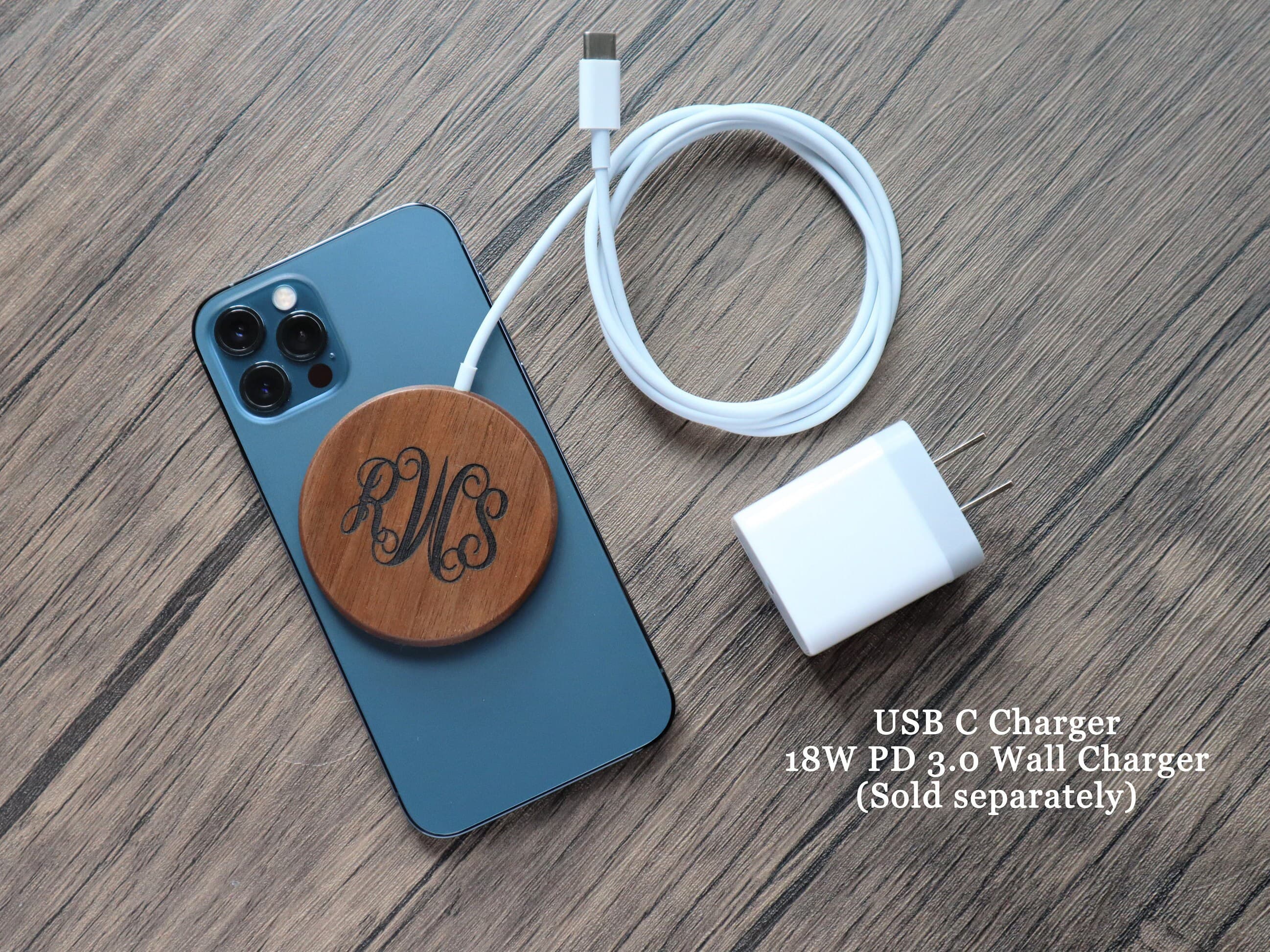 Magnetic Wood Wireless Charger with Text Logo for iPhone 12 12 Pro 12 Pro Max 12 Mini. Personalized Custom Magnetic Charger. - image 4