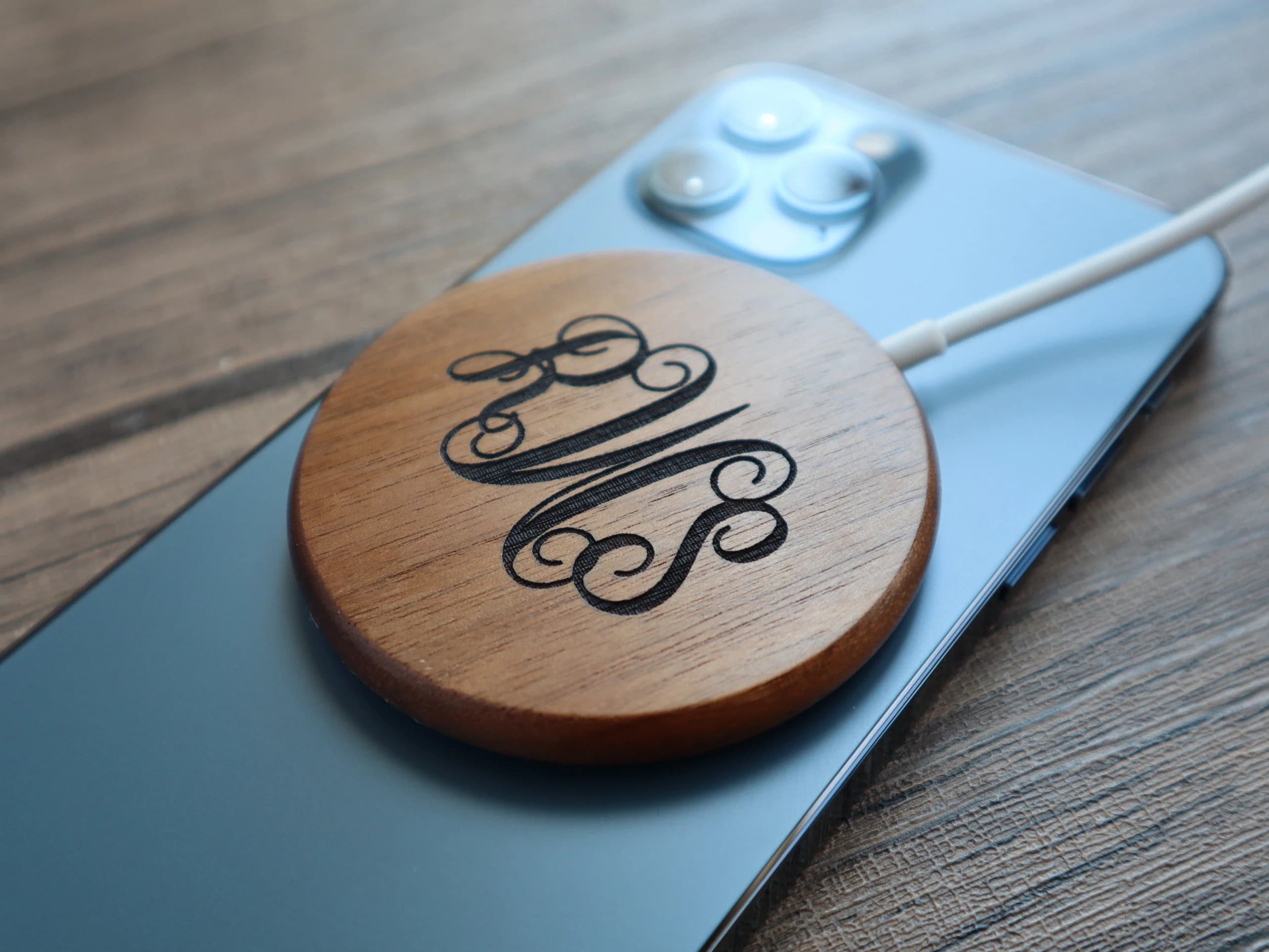 Magnetic Wood Wireless Charger with Text Logo for iPhone 12 12 Pro 12 Pro Max 12 Mini. Personalized Custom Magnetic Charger.
