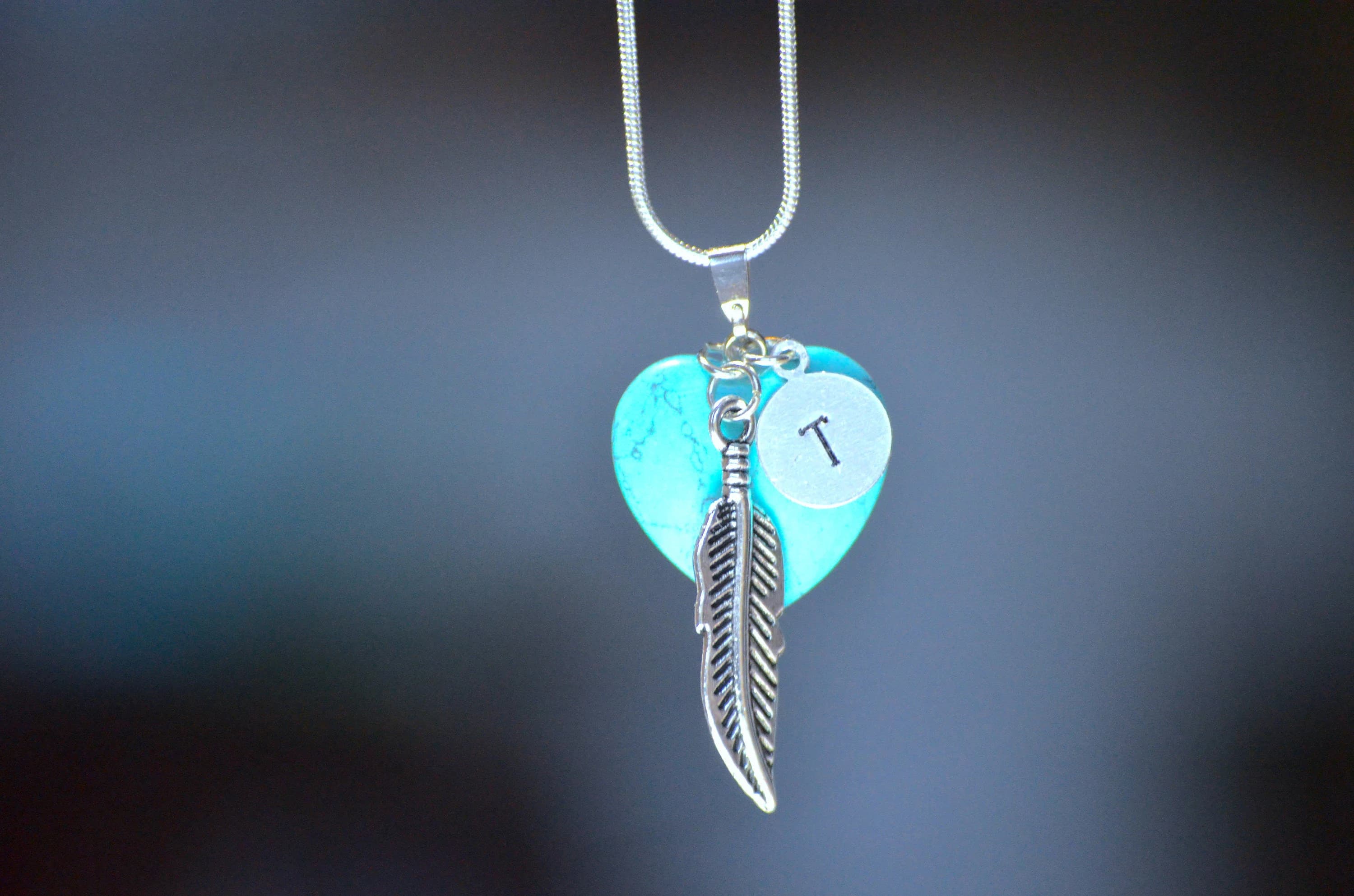 Initial Gemstone Necklace, Gemstone Heart Pendant Necklace, Monogram, Personalized Gift for Mom