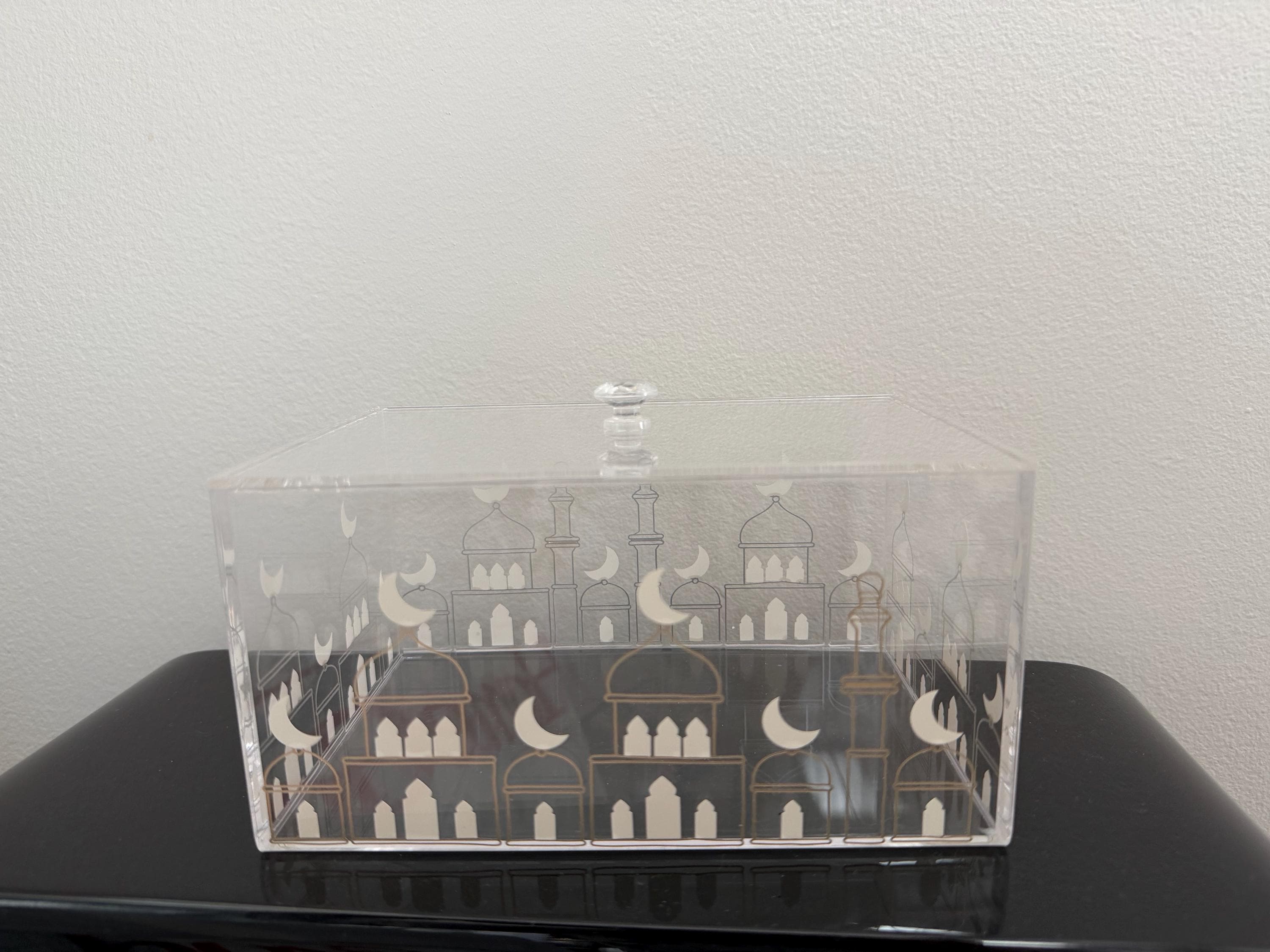 Clear acrylic box with golden and beige mosque design Ramadan and Eid decor, Islamic home decor