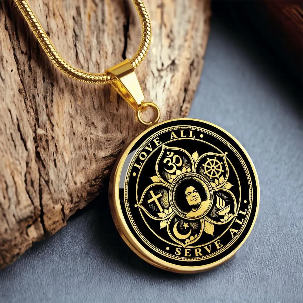 Sathya Sai Baba Pendant Sathya Necklace, Love All Serve All Sarva Dharma Spiritual Jewelry