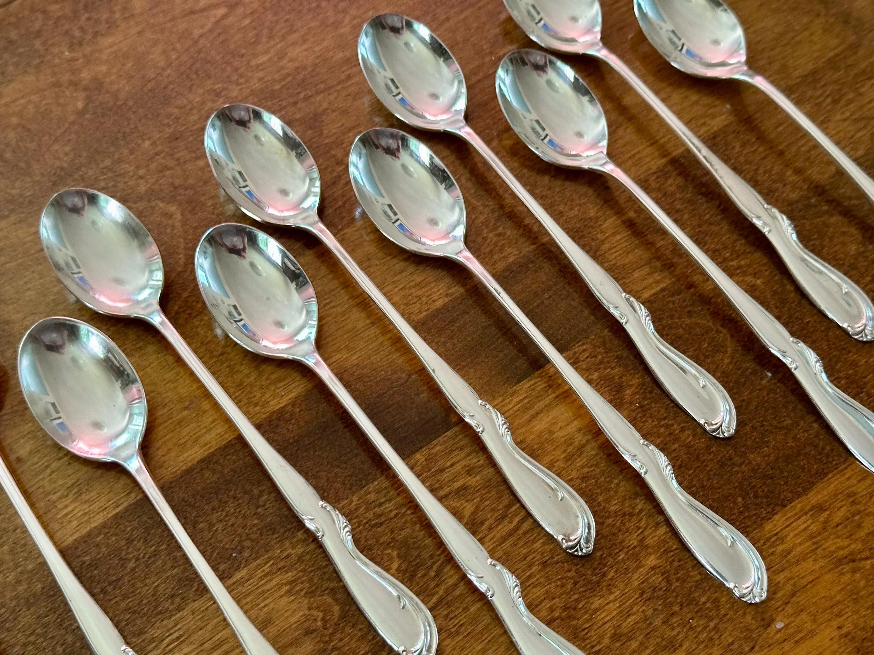 1847 Rogers Bros Adoration Silverplate Iced Tea Spoons, Art Deco Stirrers (Set of 11)
