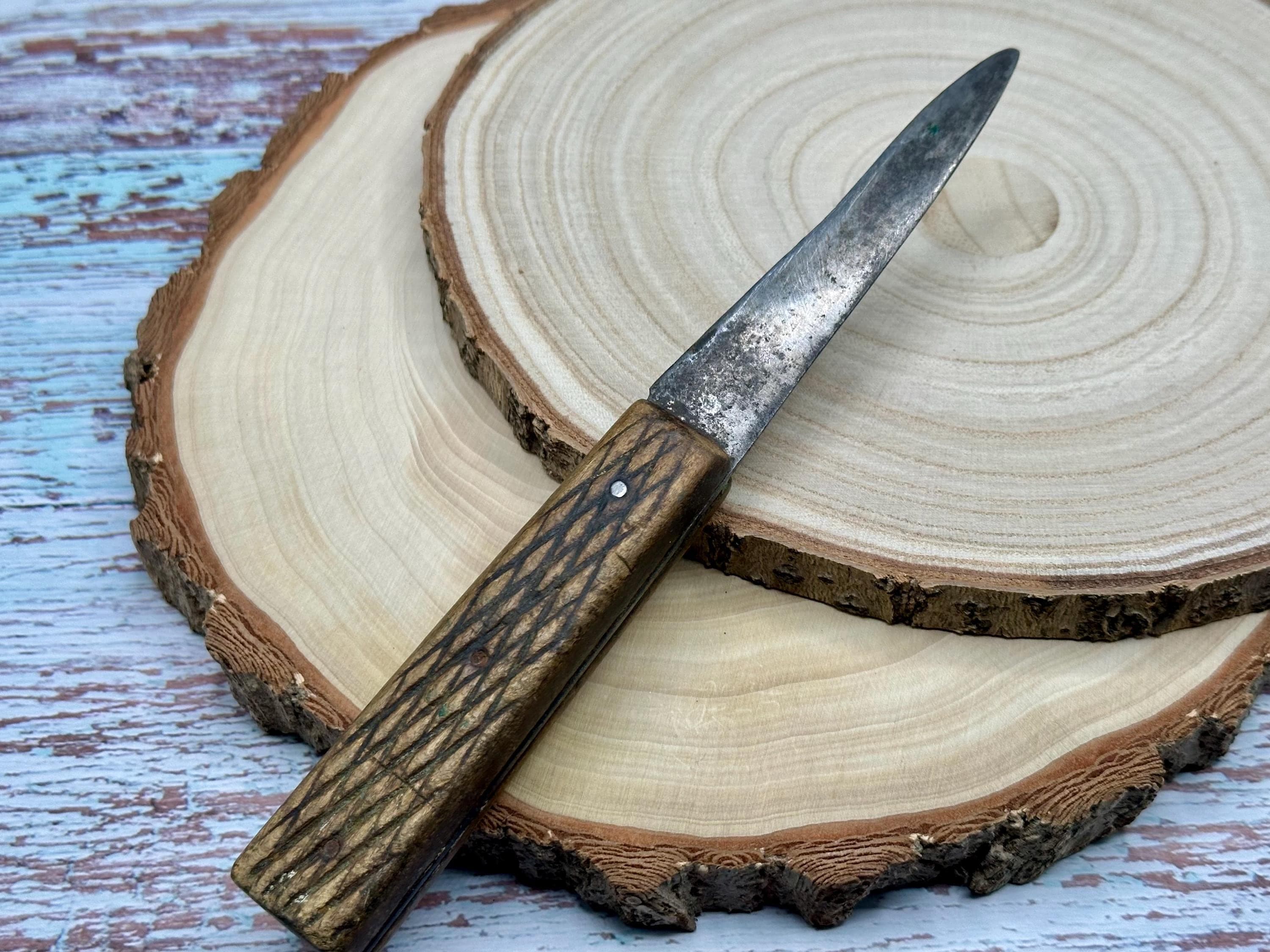 Vintage Carbon Steel Paring Knife, 1950s Textured Wood Handle, Primitive Farmhouse Cutlery