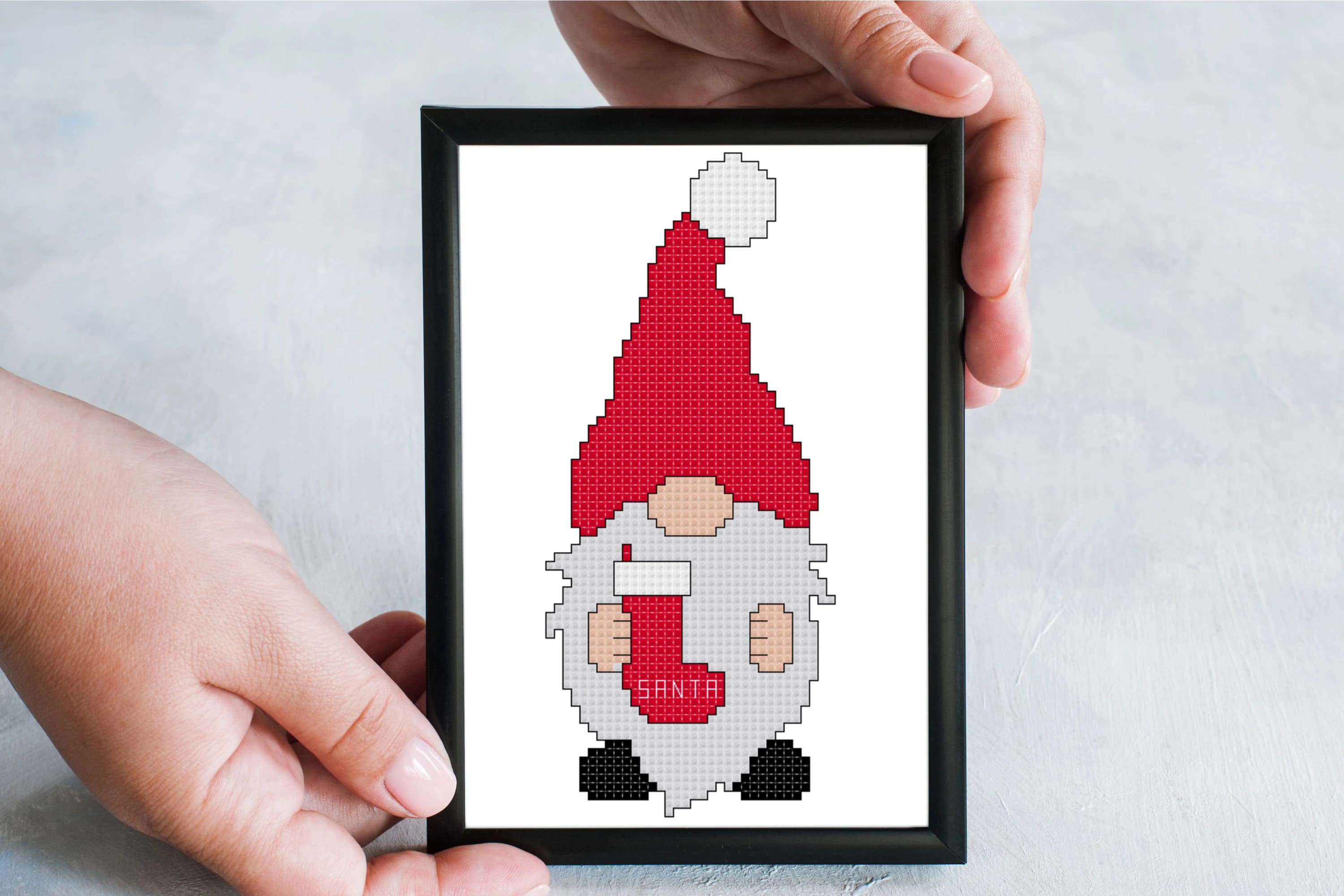 Santa Gnome holding a Stocking Cross Stitch Pattern - image 3