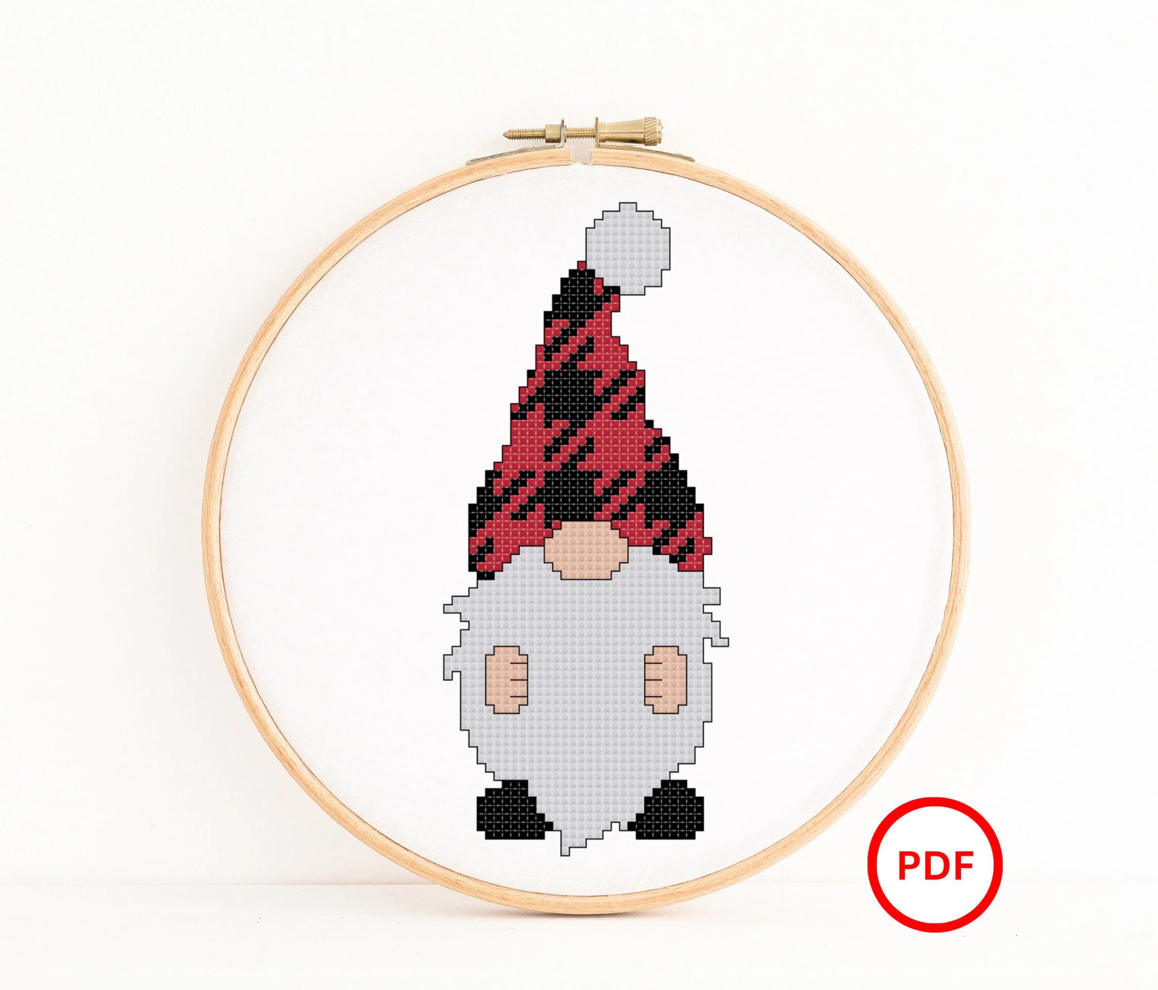Gnome wearing a Buffalo Plaid Santa Hat Cross Stitch Pattern