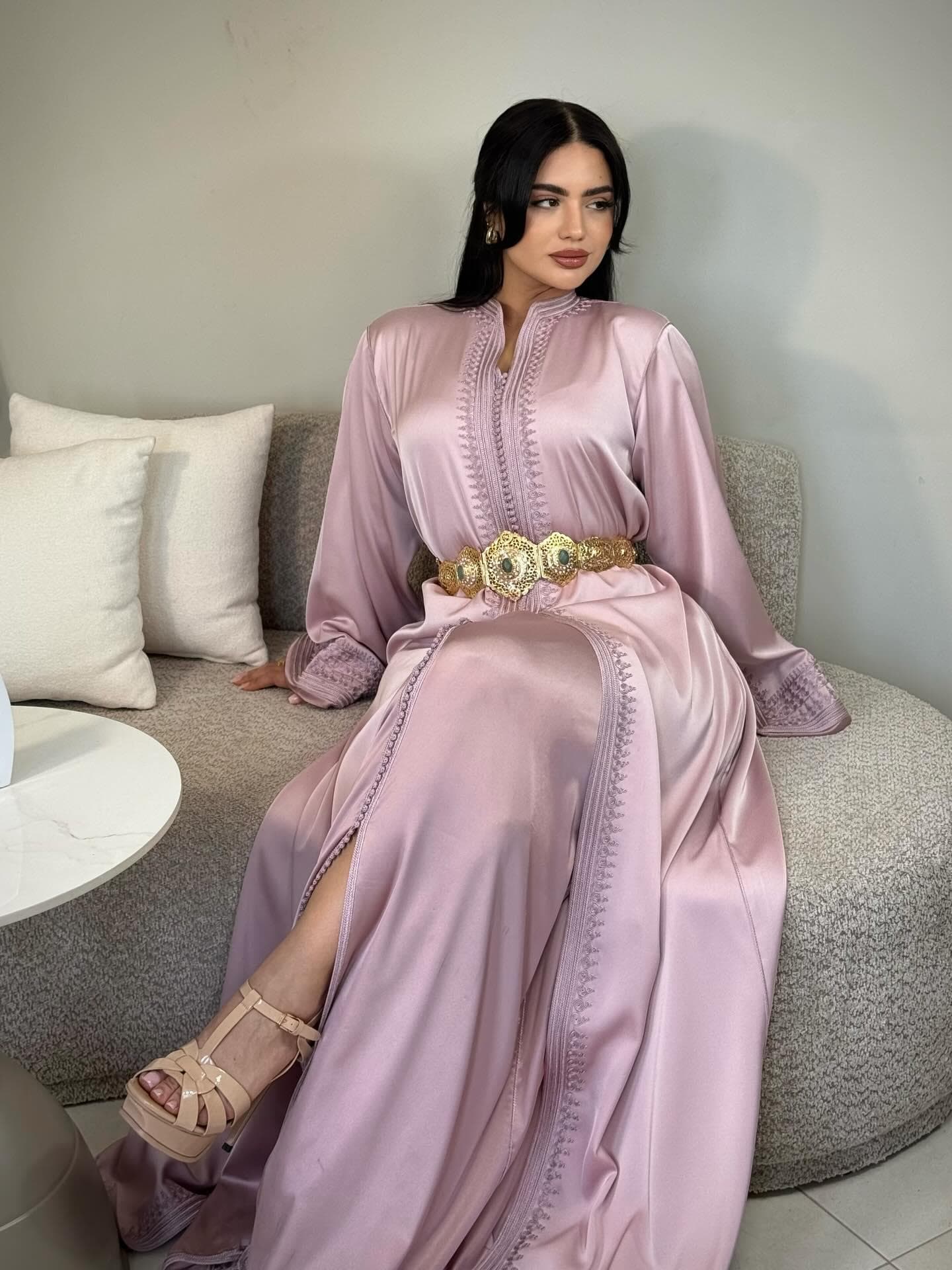 Blush Pink Moroccan Caftan – Elegant Satin Kaftan Dress with Handmade Embroidery & Gold Belt, Wedding Guest Evening Gown - Arabic Dress - image 3