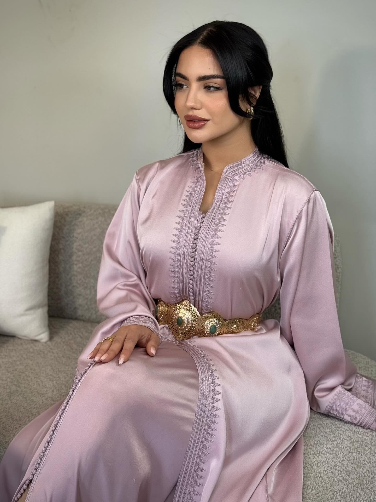 Blush Pink Moroccan Caftan – Elegant Satin Kaftan Dress with Handmade Embroidery & Gold Belt, Wedding Guest Evening Gown - Arabic Dress - image 4