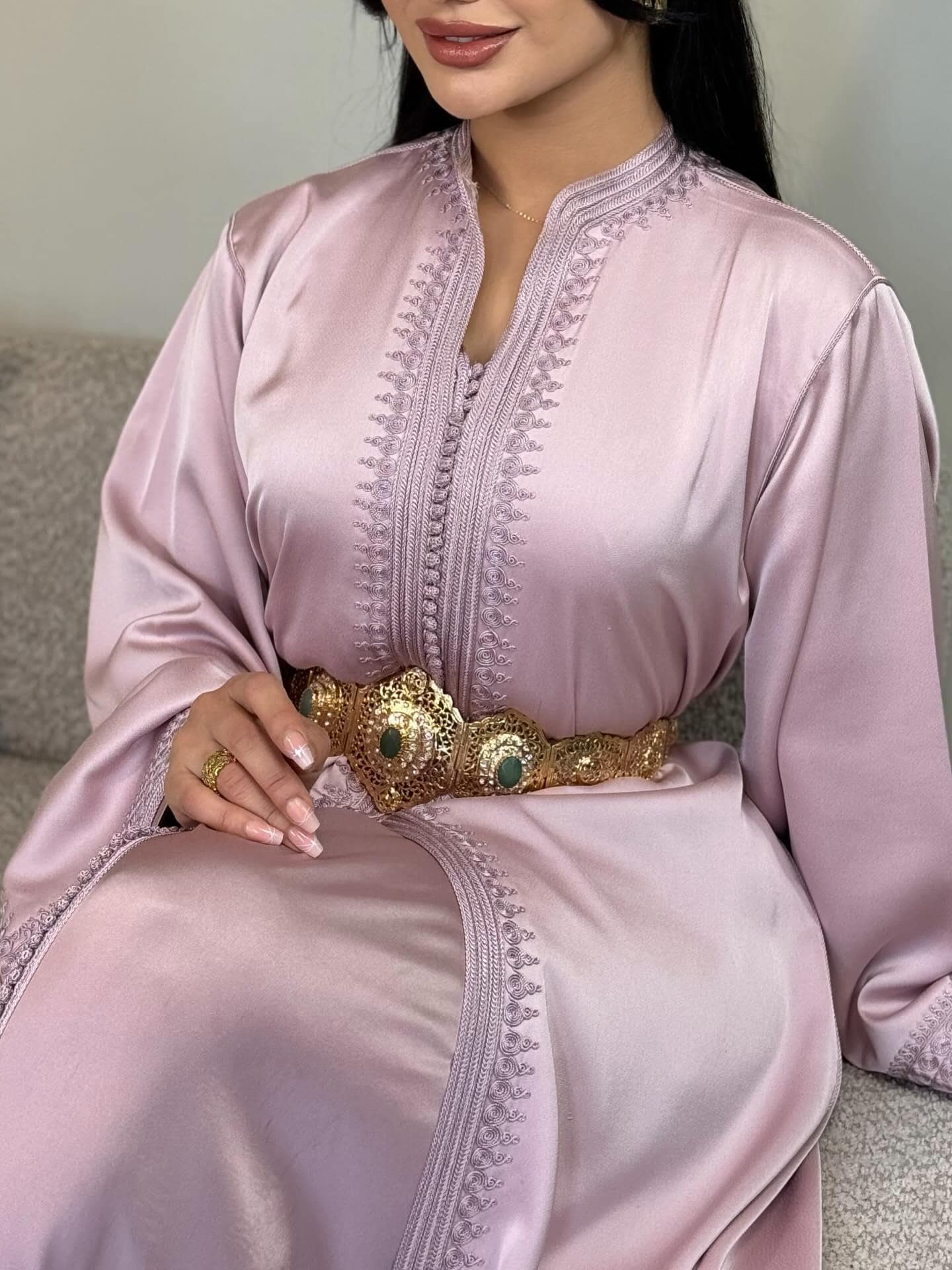 Blush Pink Moroccan Caftan – Elegant Satin Kaftan Dress with Handmade Embroidery & Gold Belt, Wedding Guest Evening Gown - Arabic Dress