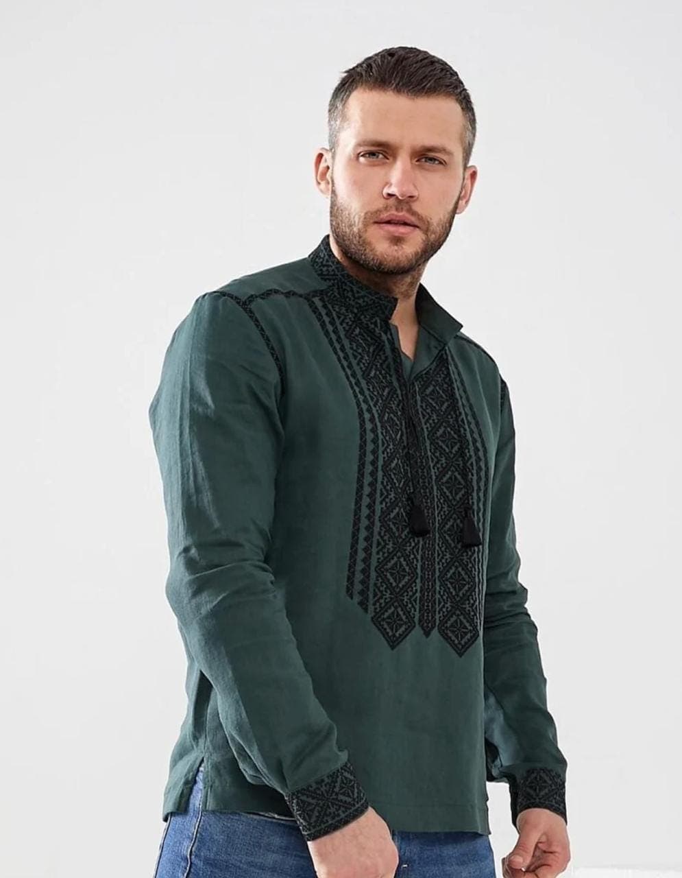 Green Embroidered shirt for men with back Ukrainian shirt embroidered Traditional Ukrainian shirts, Gift for Him Gift for Husband Zelenskyy - image 4