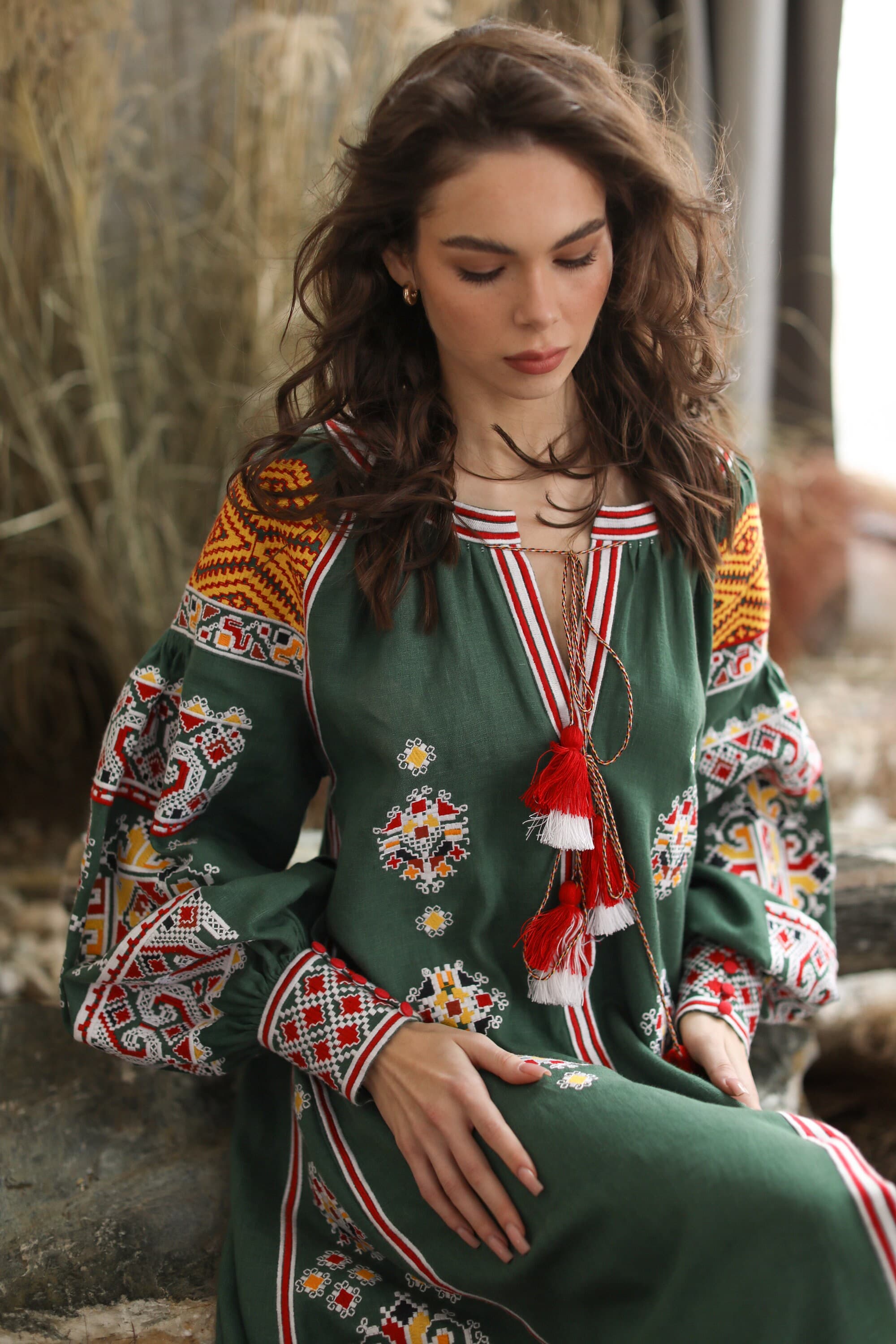 Ukrainian Embroidered Green Dress vyshyvanka dress LINEN Boho Dress Gift for Her. Gift for Girl. Gift for Wife, Christmas