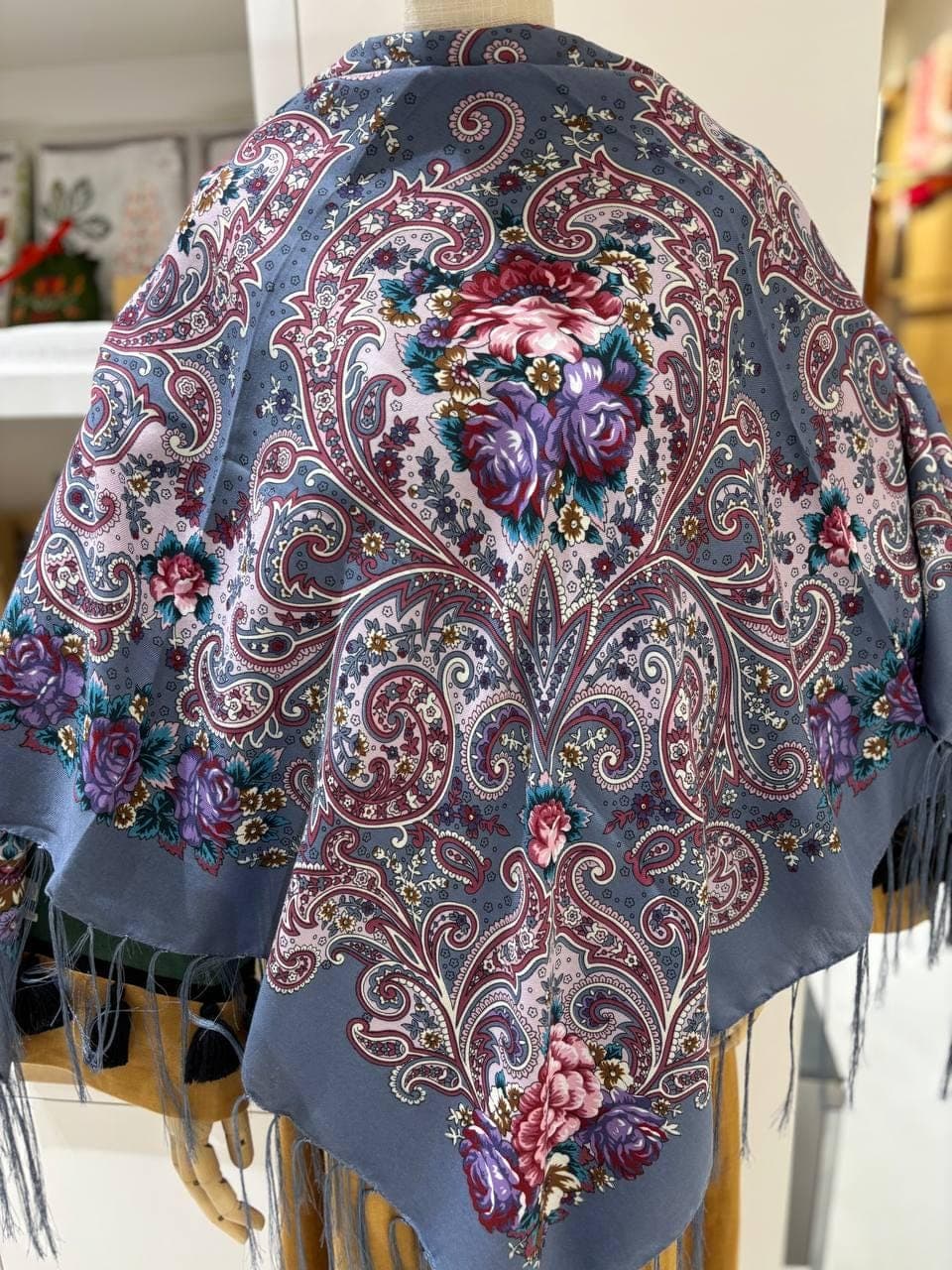 Gray Ukrainian shawl 80% Wool, Ukrainian scarf, Gifts for women, Daughter scarf flower, wife, Ethnic Shawl, Modern Shic, Gift for Her - image 5