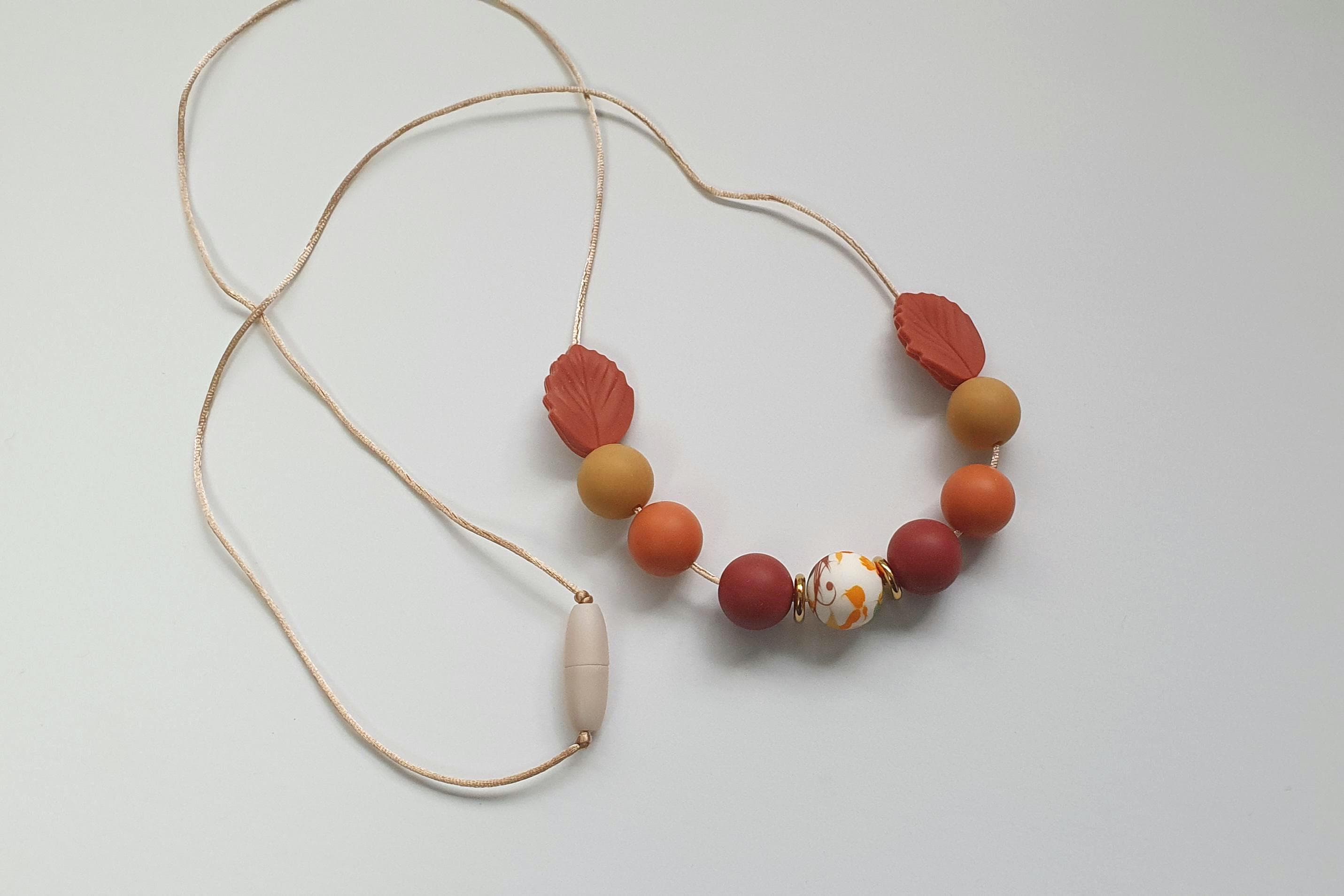 Breastfeeding Necklace, Nursing Fidget Sensory Play, Gift, Autumn Brown Orange Tones, leaf print - image 4