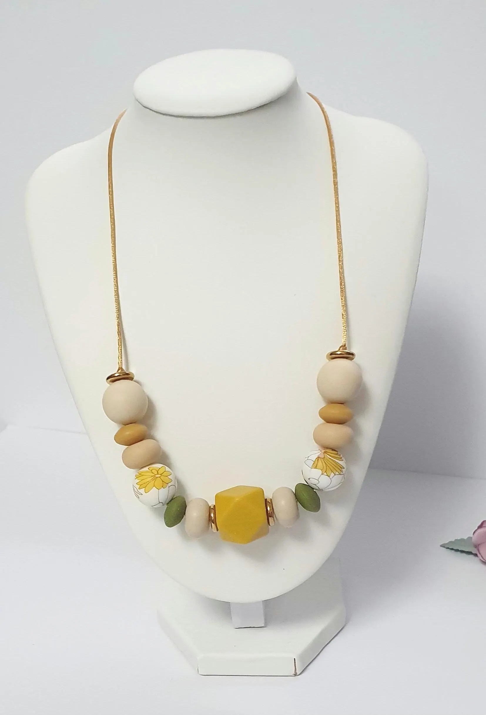 Breastfeeding Necklace, Nursing Fidget Sensory  Chunky Necklace, Gift, Steel Silicone, Autumn Shades, Army Green Mustard Beige, Floral Bead - image 3