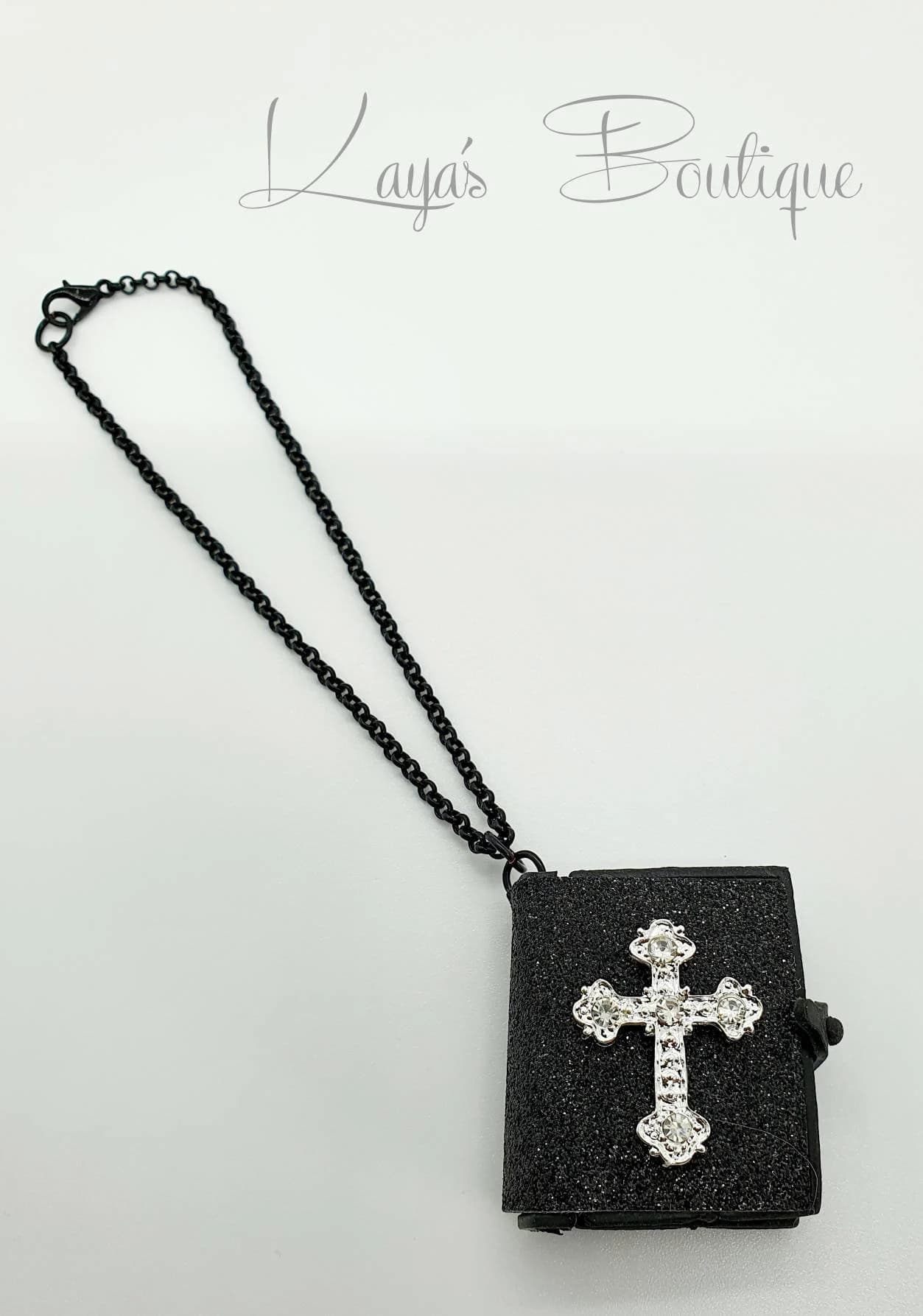 Rhinestone Cross Mini Bible Car Charm: Black Glitter Rearview Mirror Hanger