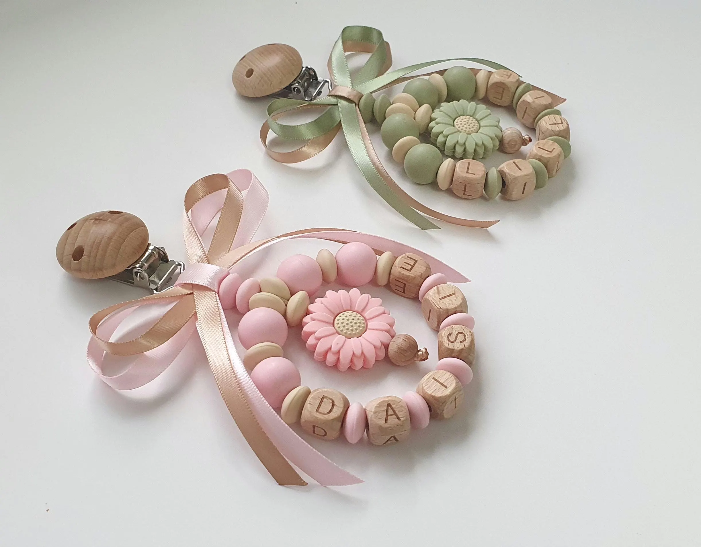 Silicone & Wood Teardrop Pram Charm, Personalised Name, Olive Army Sage Green, Baby Pink, Daisy Flower, Satin Bow - image 4