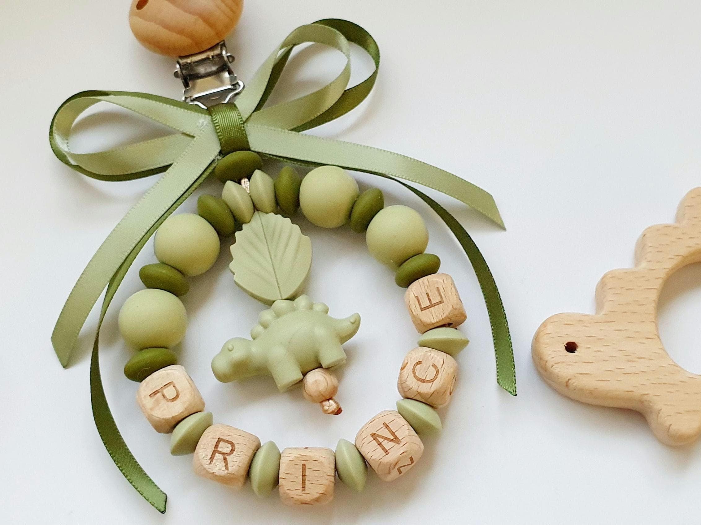 Silicone & Wood Teardrop Pram Charm, Personalised Name, Olive Army Sage Green, Prince, Dinosaur Charm, Satin Bow - image 3