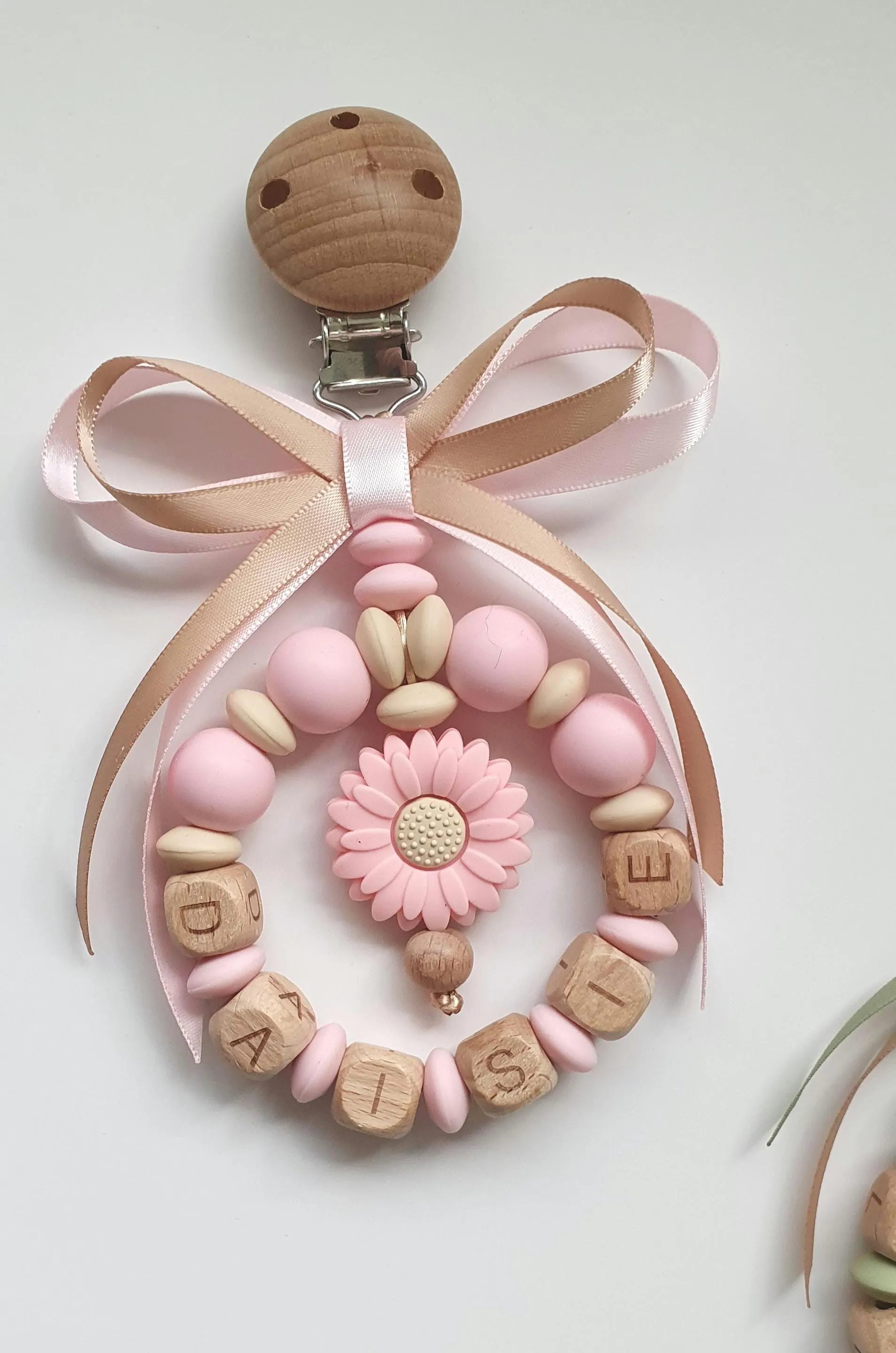 Silicone & Wood Teardrop Pram Charm, Personalised Name, Olive Army Sage Green, Baby Pink, Daisy Flower, Satin Bow - image 5