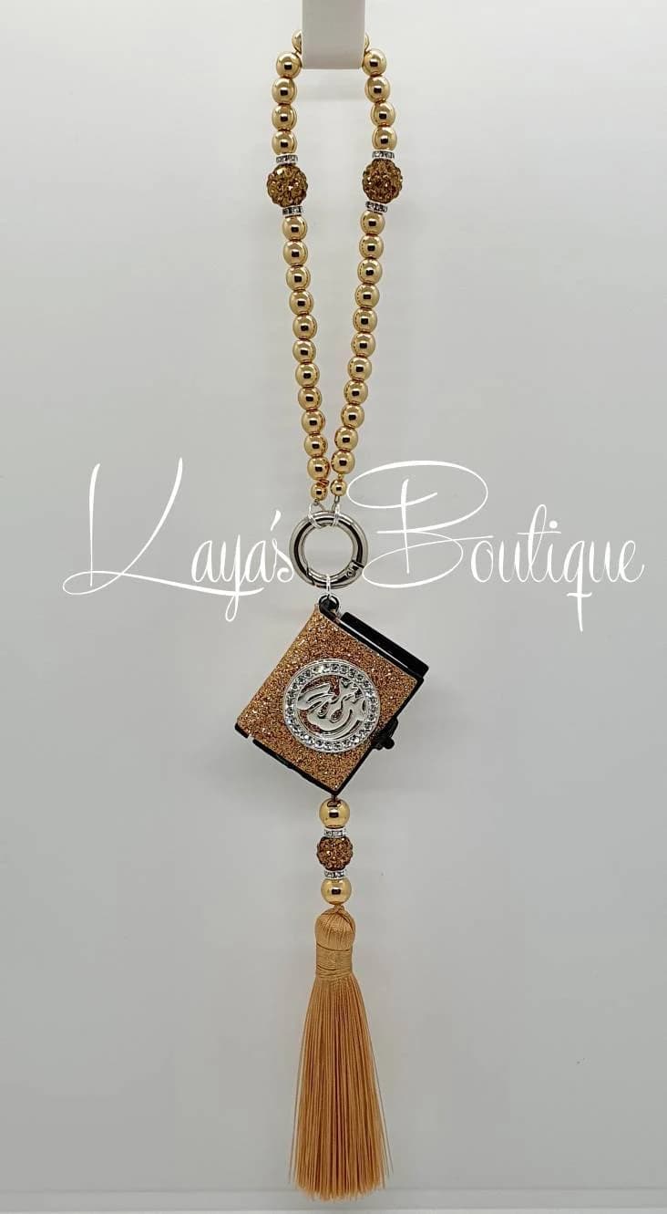 Islamic Car Charm: Gold Tasbeeh, Glitter Quran, Allah Pendant - image 3