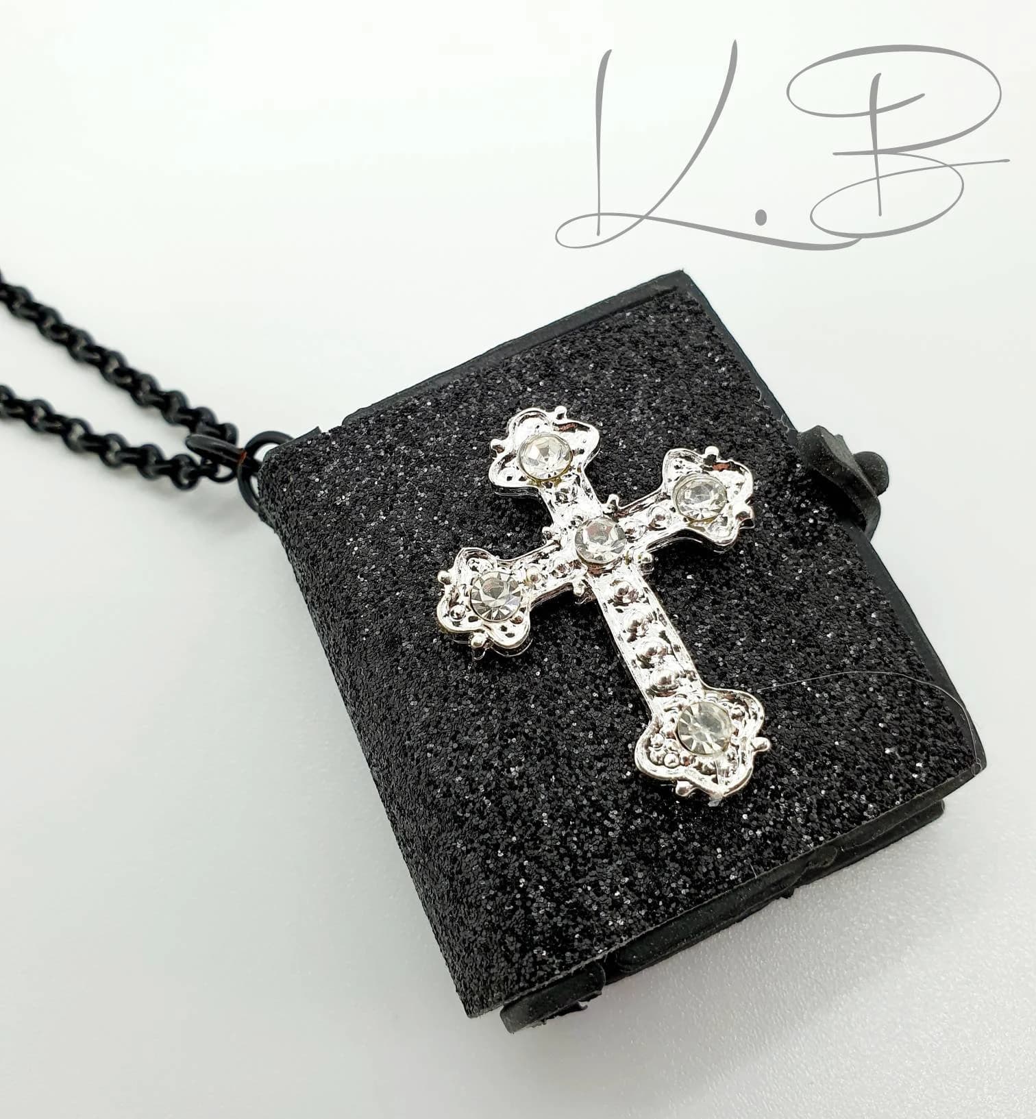 Rhinestone Cross Mini Bible Car Charm: Black Glitter Rearview Mirror Hanger - image 4