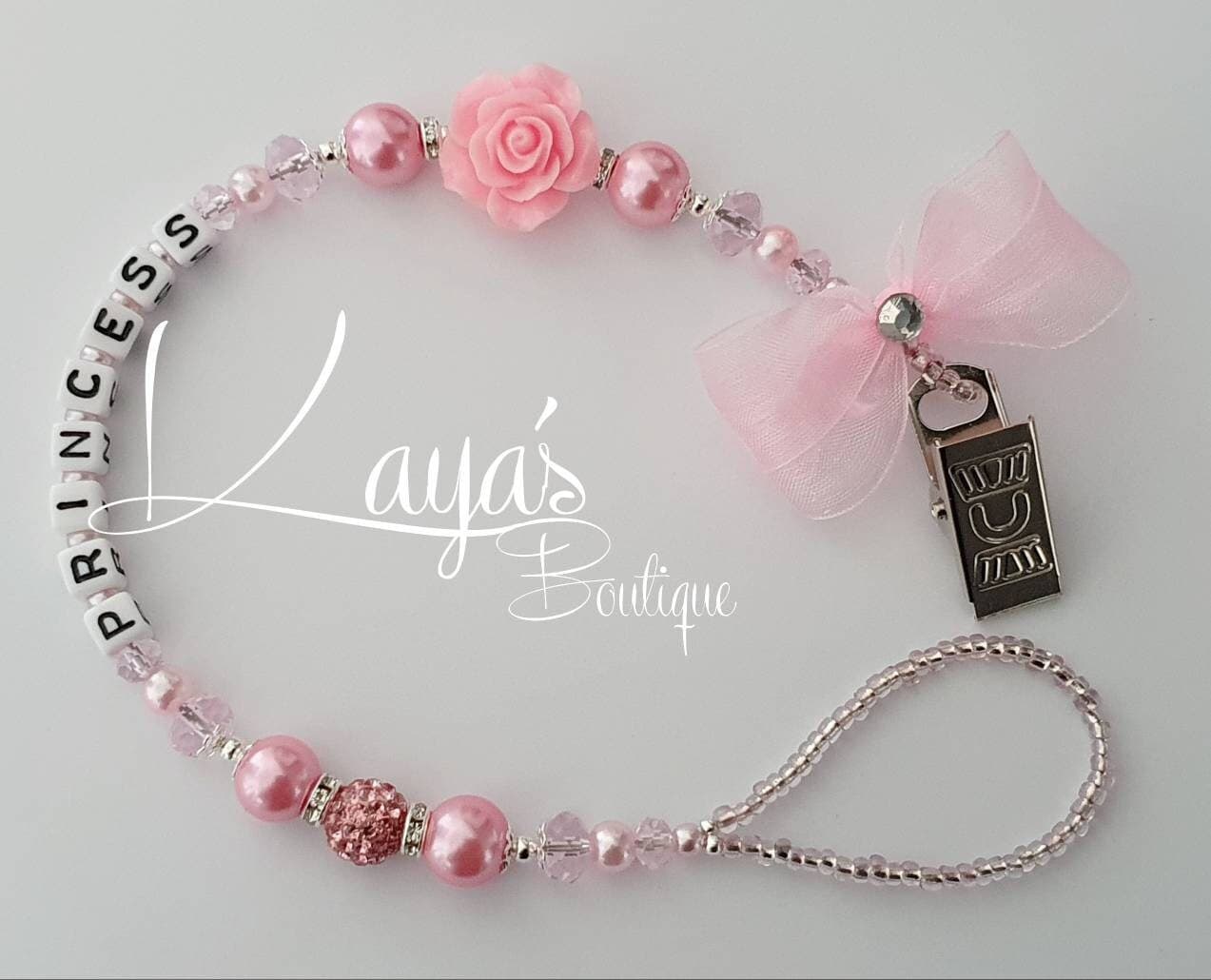 KEEPSAKE\REBORN Pink Rose Flower- Shamballa Crystal Pearl Romany Dummy Clip Personalised Baby Pink