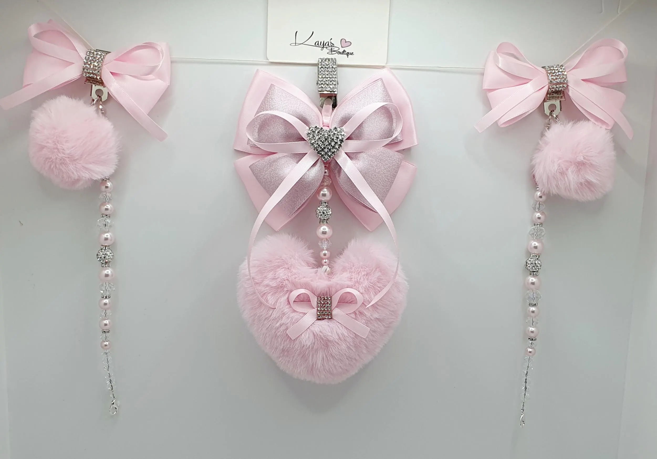 Pink Pram Charm: Crystal Pearl, Faux Fur Pom Pom, Diamante Heart XL Triple Clip - image 3