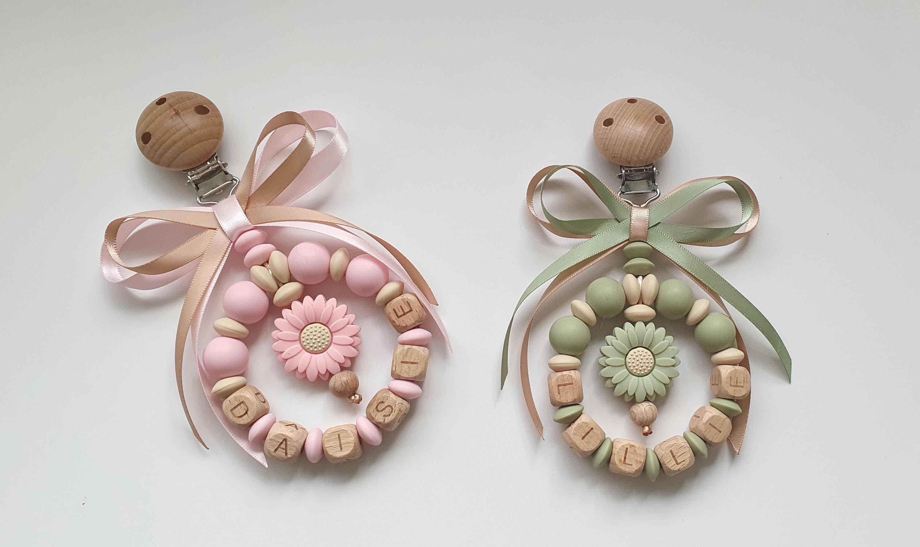 Silicone & Wood Teardrop Pram Charm, Personalised Name, Olive Army Sage Green, Baby Pink, Daisy Flower, Satin Bow