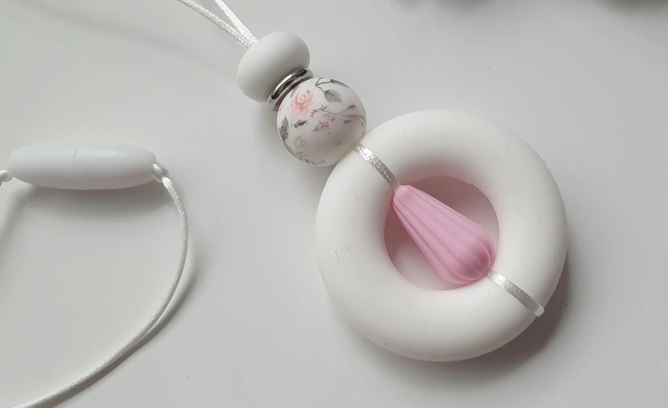 Breastfeeding Necklace, Nursing Fidget Sensory  Necklace, Gift, Silicone Donut Doughnut, Pink  Silver White, Flower Print - image 3