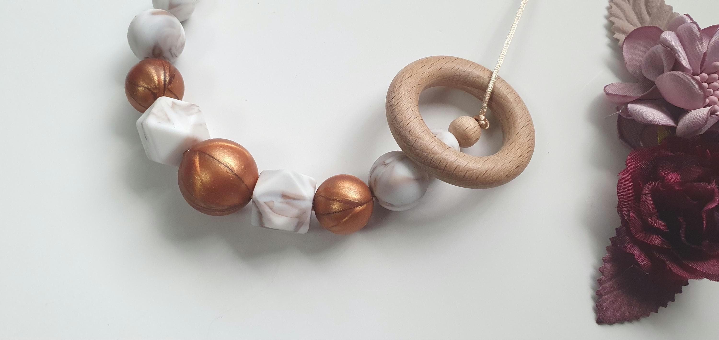 Breastfeeding Necklace, Nursing Fidget Sensory  Chunky Necklace, Gift, Wood Ring Silicone, Autumn Shades, Metallic Bronze, brown marble, - image 4
